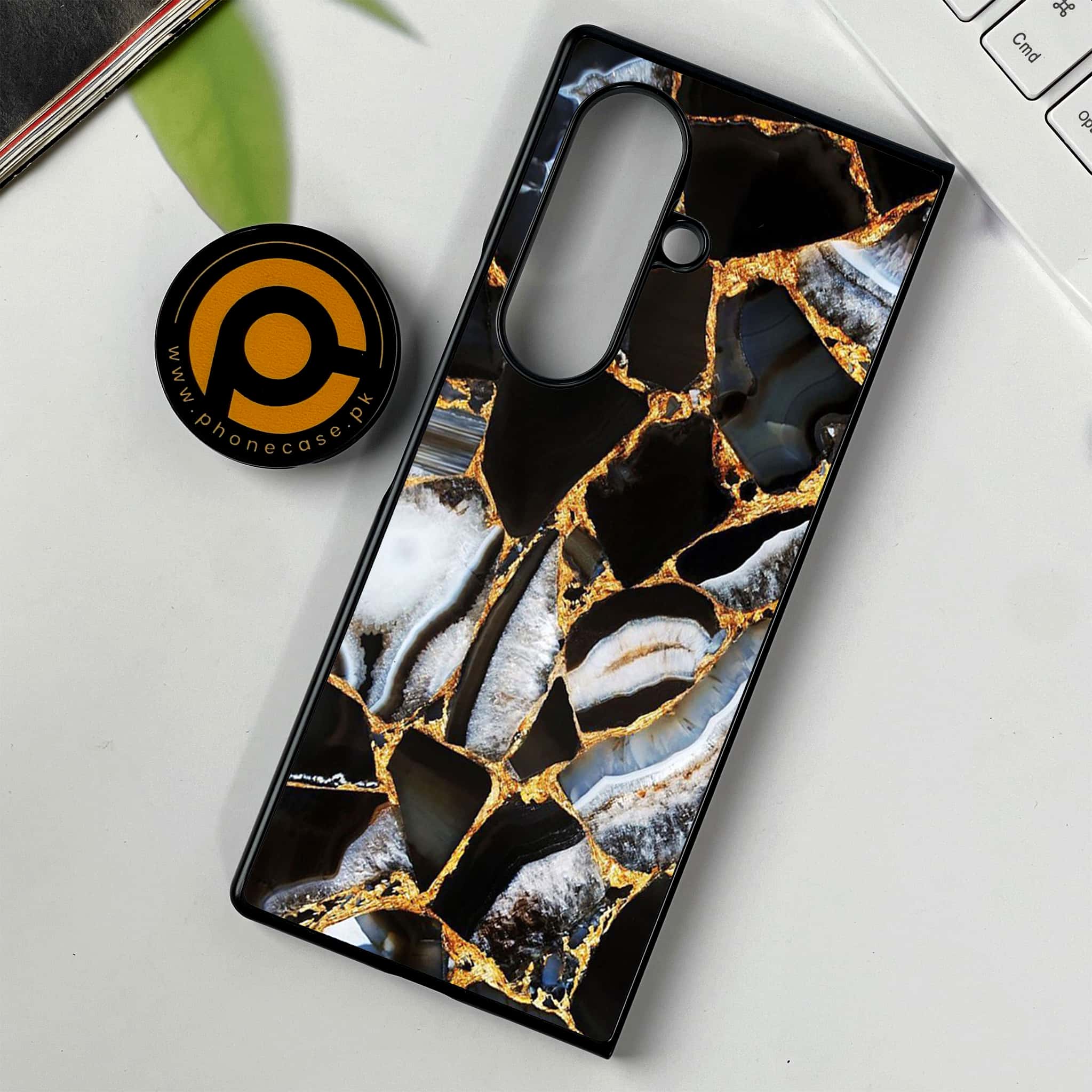 Samsung Galaxy Z Fold 7 - Black Marble Series - Premium Metal Printed soft Bumper shock Proof Case