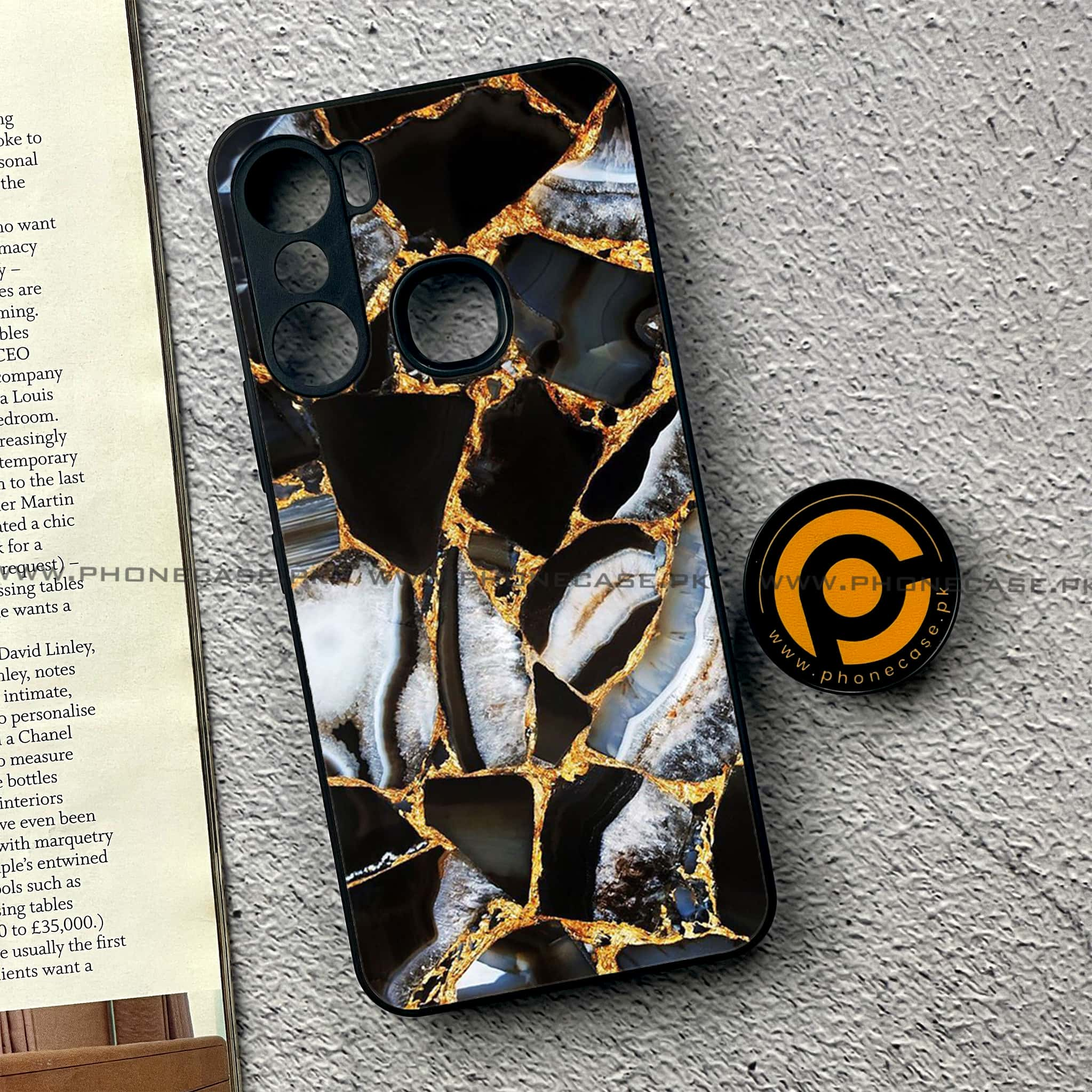 Infinix Hot 12 Pro - Black Marble Series - Premium Printed Glass soft Bumper shock Proof Case