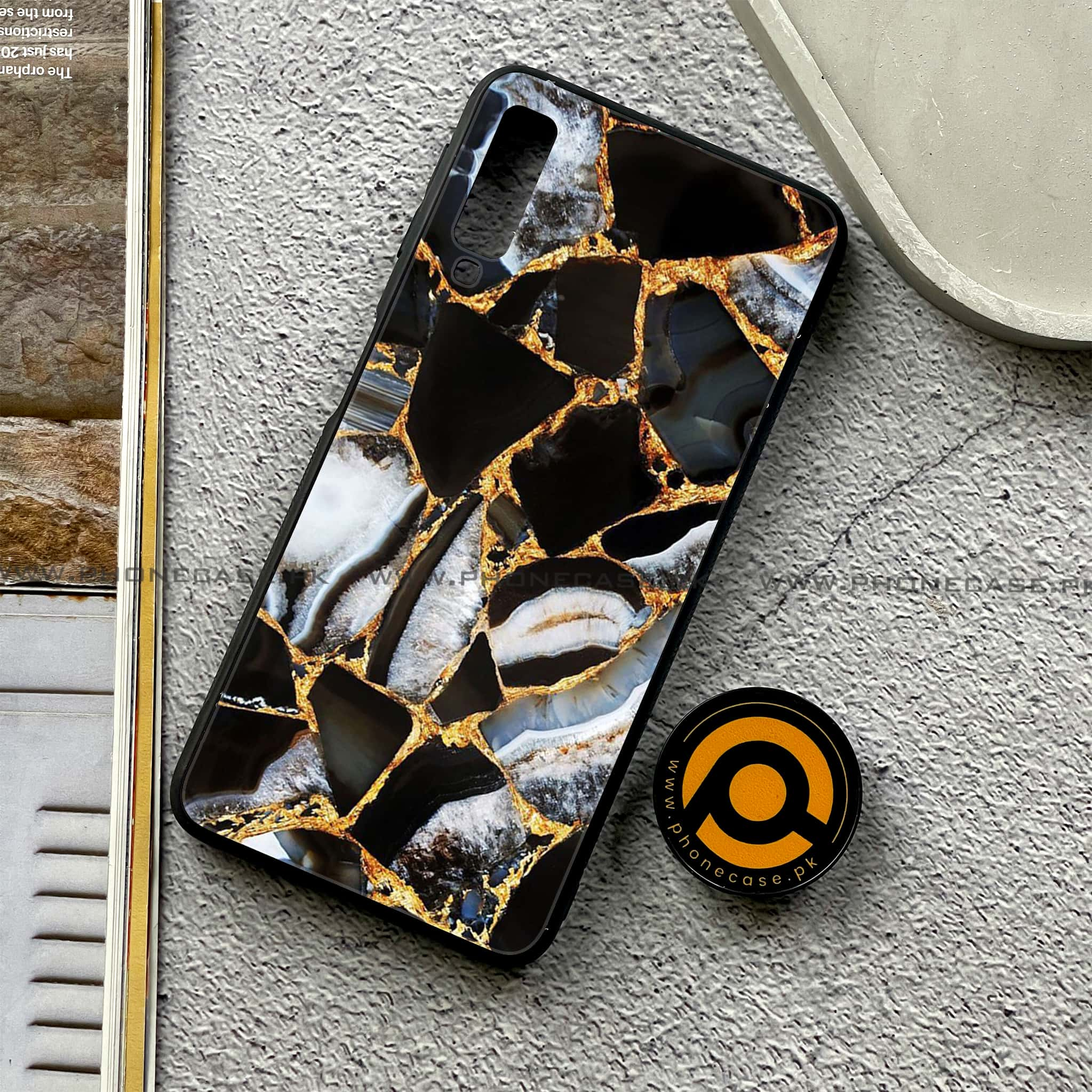 Galaxy A7 2018 - Black Marble Series - Premium Printed Metal soft Bumper shock Proof Case