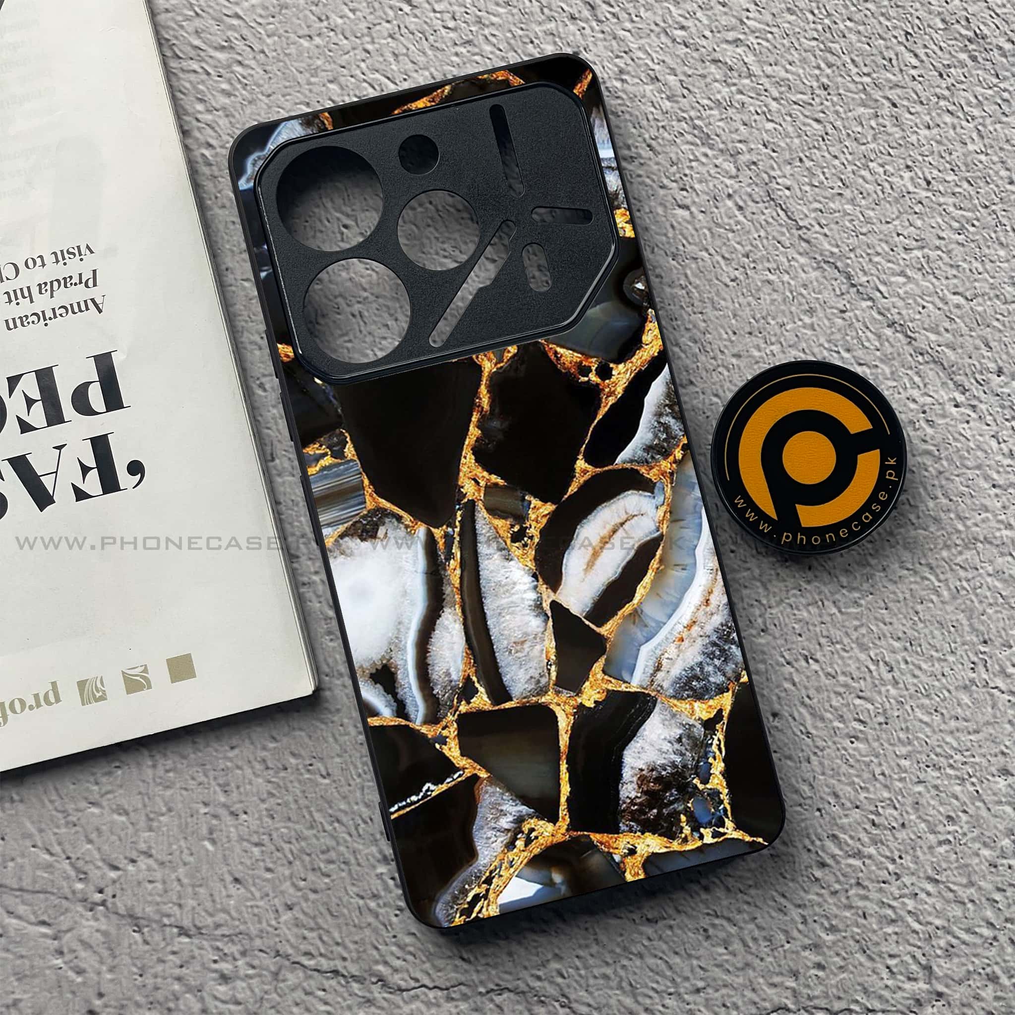Tecno Pova 6 Pro - Black Marble Series - Premium Printed Glass soft Bumper shock Proof Case