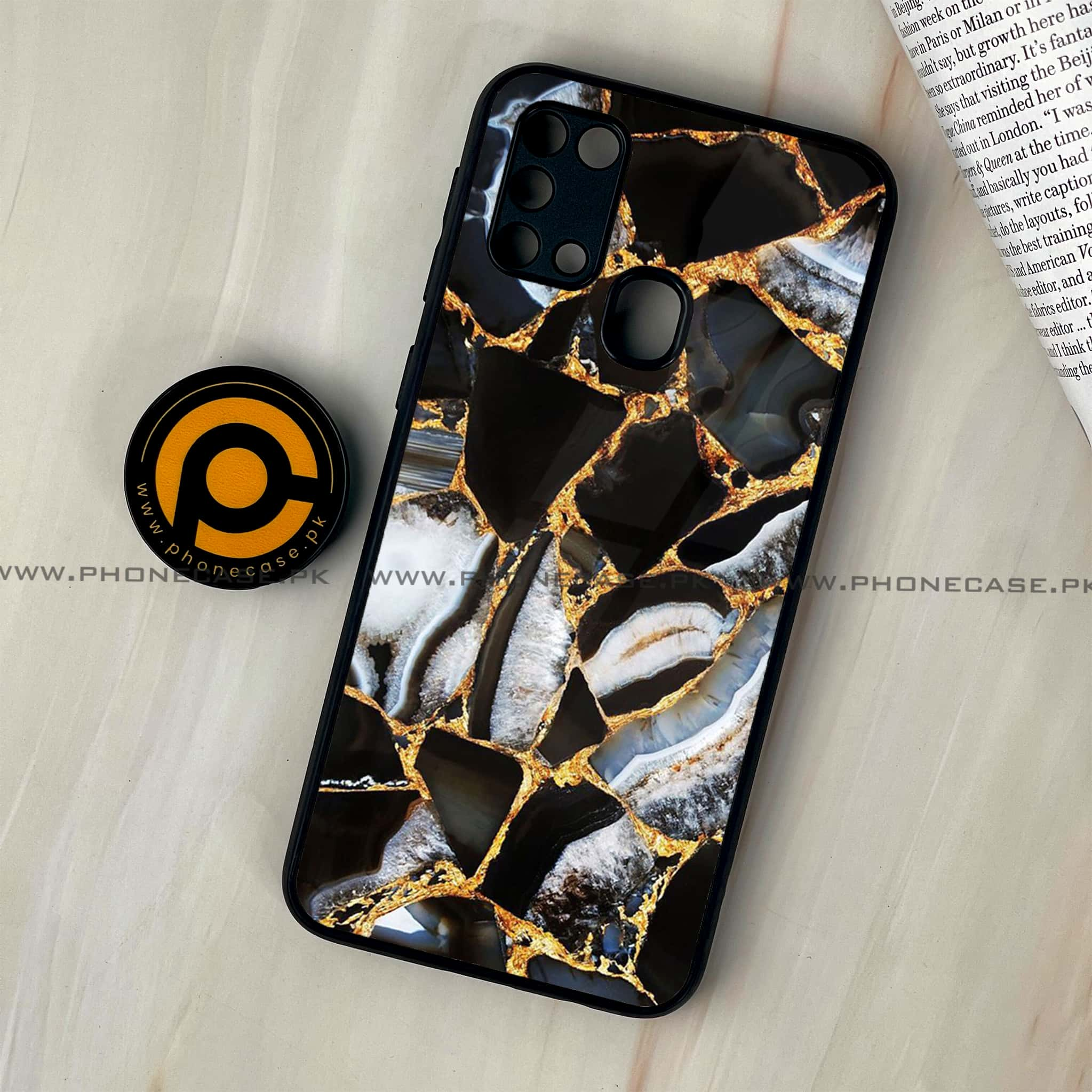 Galaxy M31 - Black Marble Series - Premium Printed Glass soft Bumper shock Proof Case