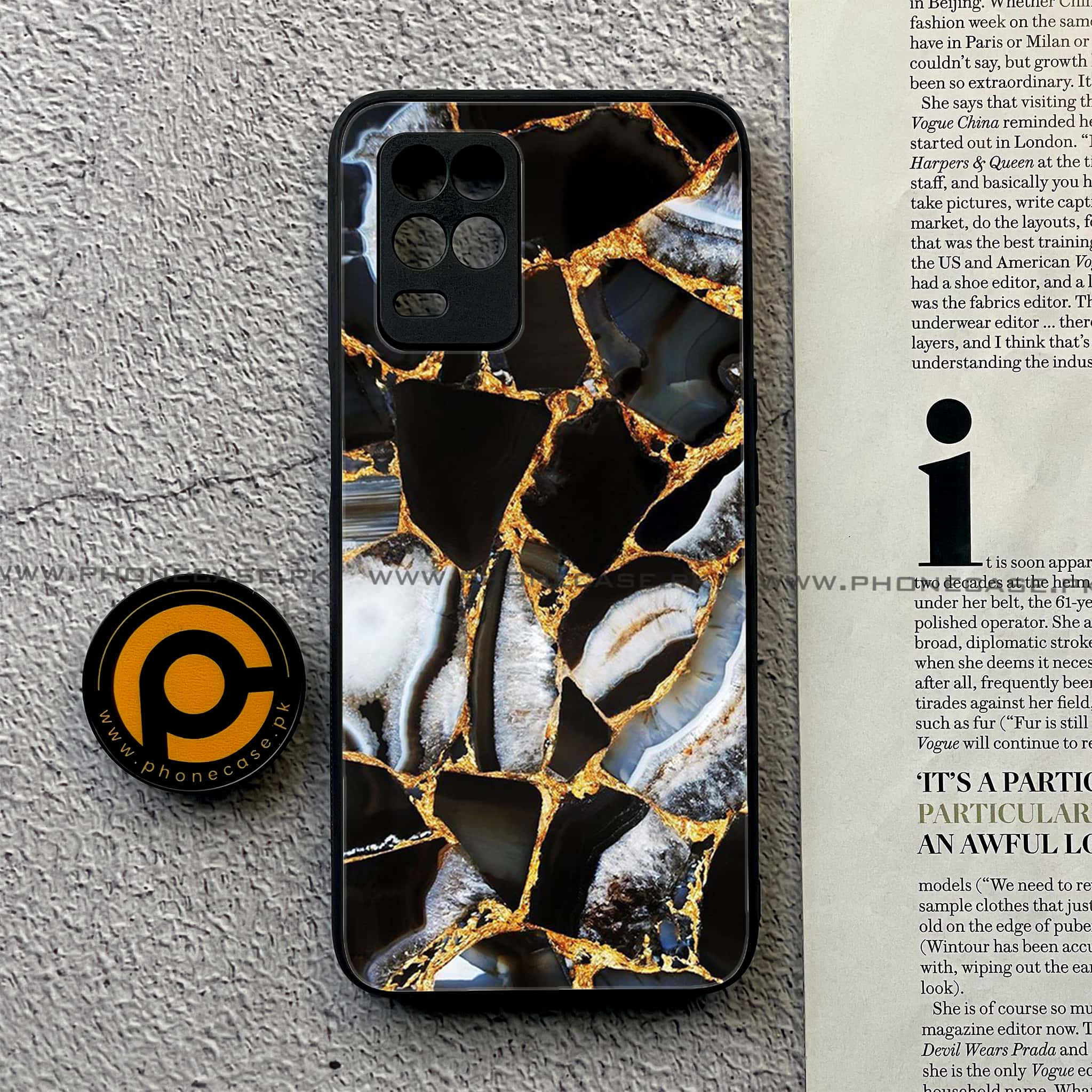 Realme Narzo 30 5G - Black Marble Series - Premium Printed Glass soft Bumper shock Proof Case