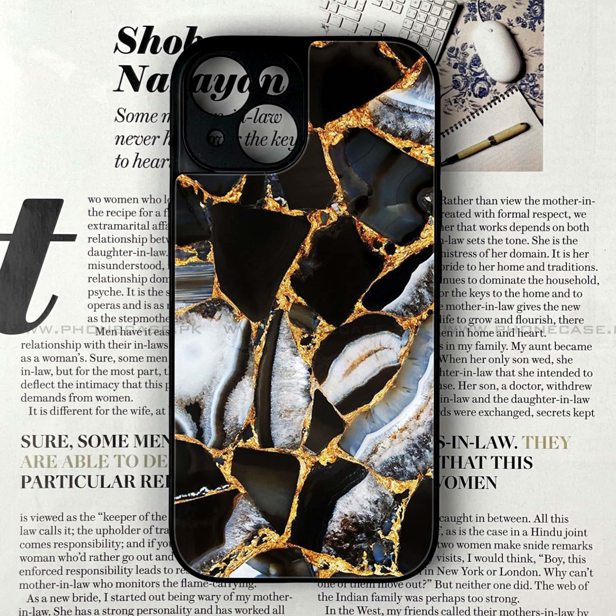 iPhone 14 - Black Marble Series - Premium Printed Glass soft Bumper shock Proof Case