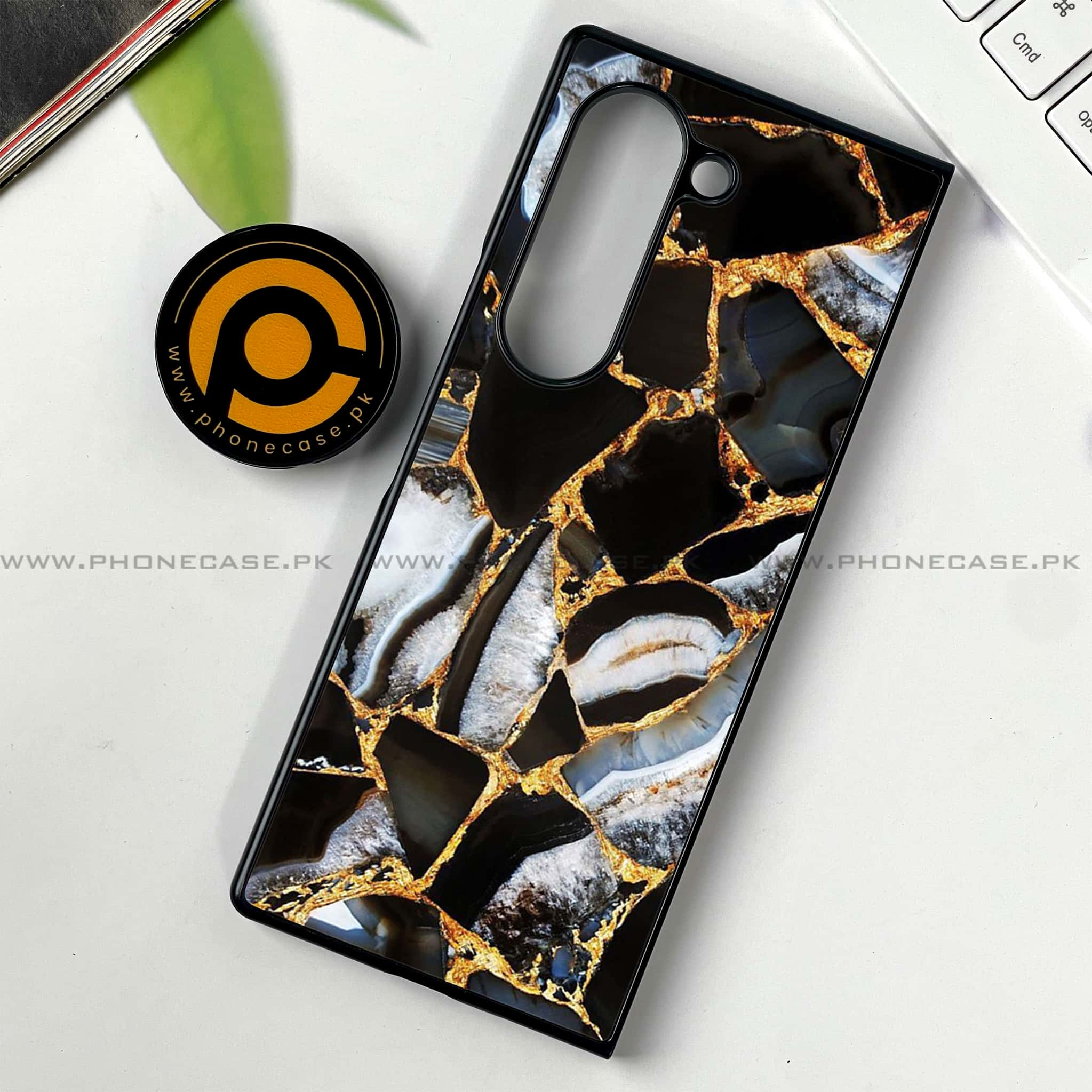 Samsung Galaxy Z Fold 6 - Black Marble Series - Premium Printed Metal soft Bumper shock Proof Case