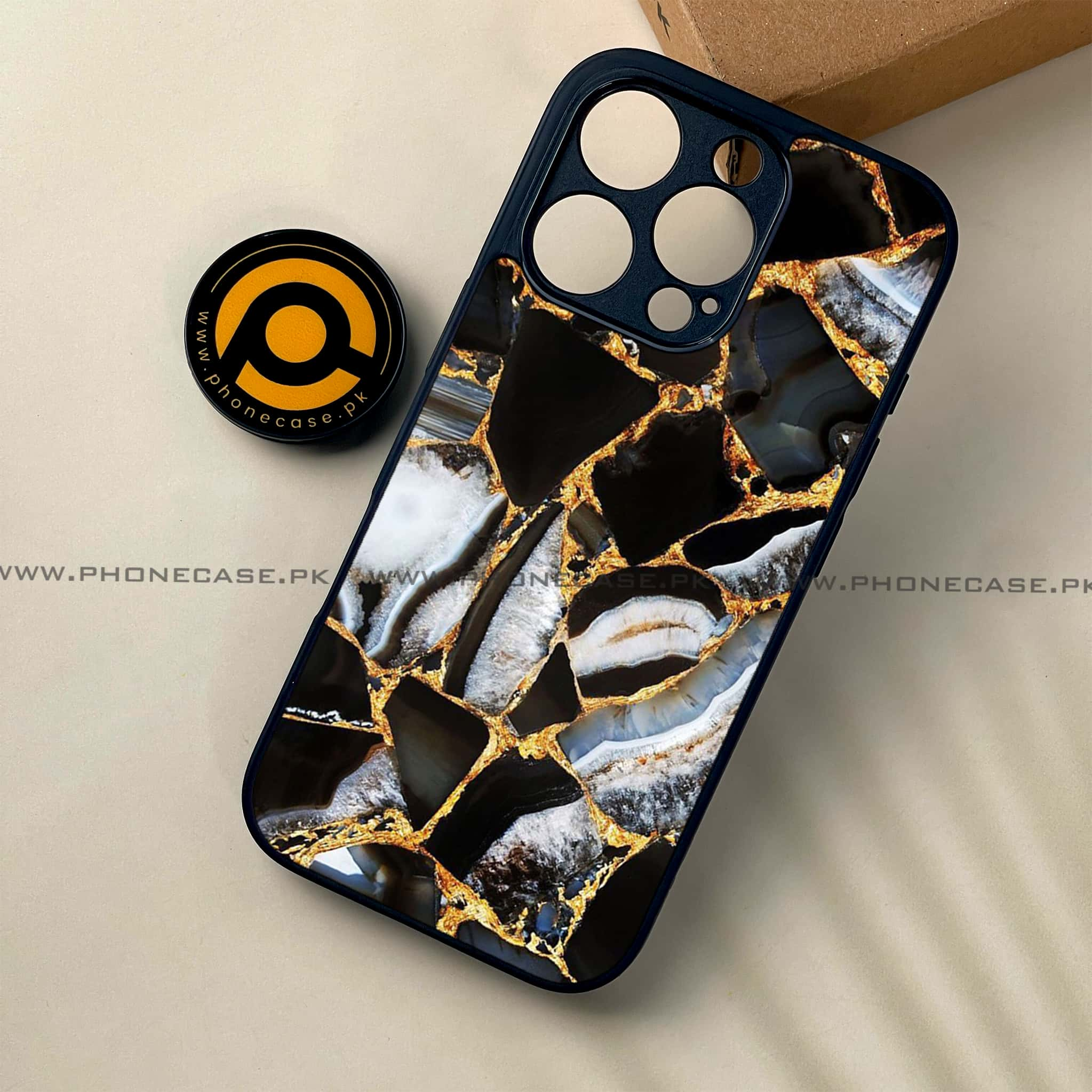 iPhone 16 Pro - Black Marble Series - Premium Printed Glass soft Bumper shock Proof Case