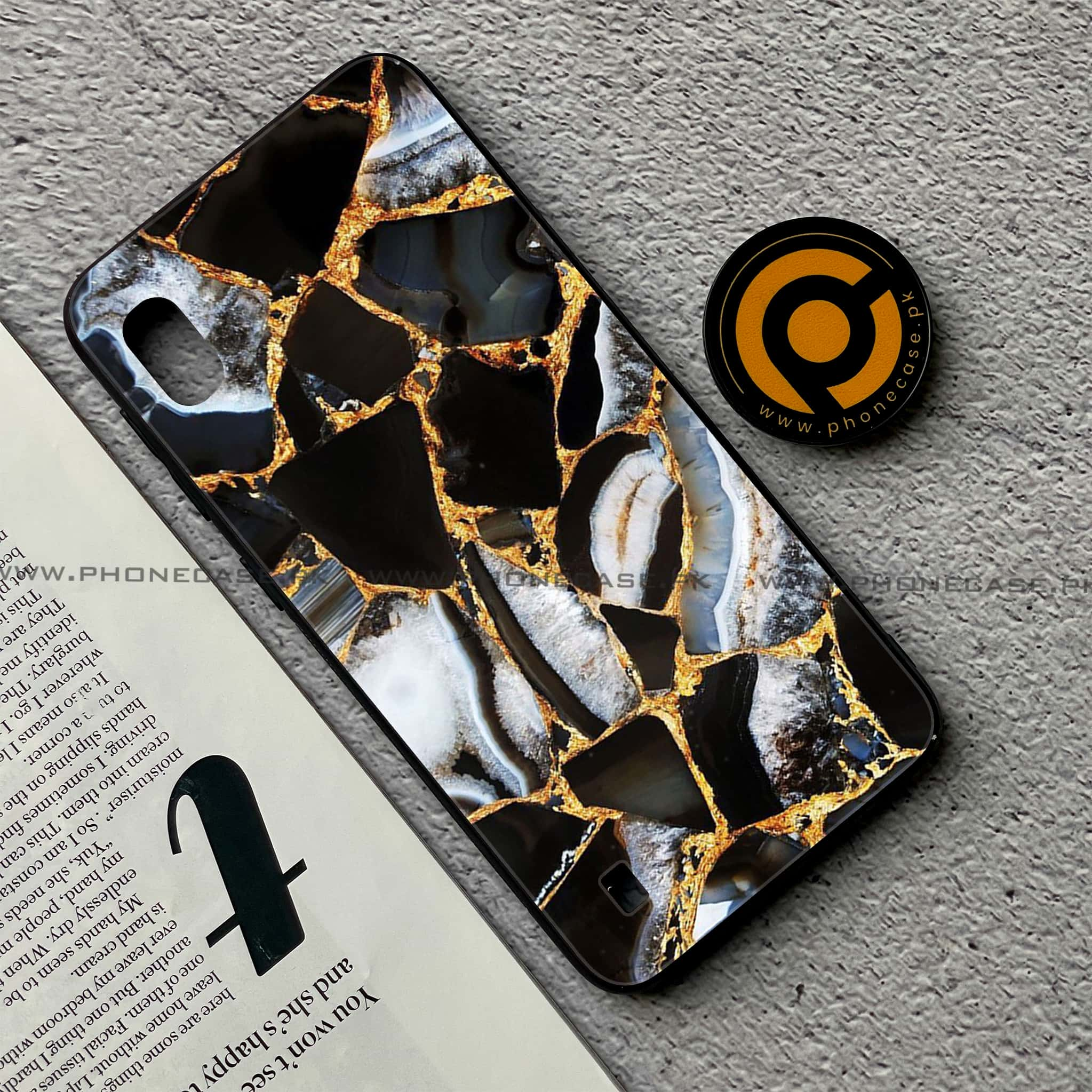 Samsung Galaxy A10 - Black Marble Series - Premium Printed Glass soft Bumper shock Proof Case