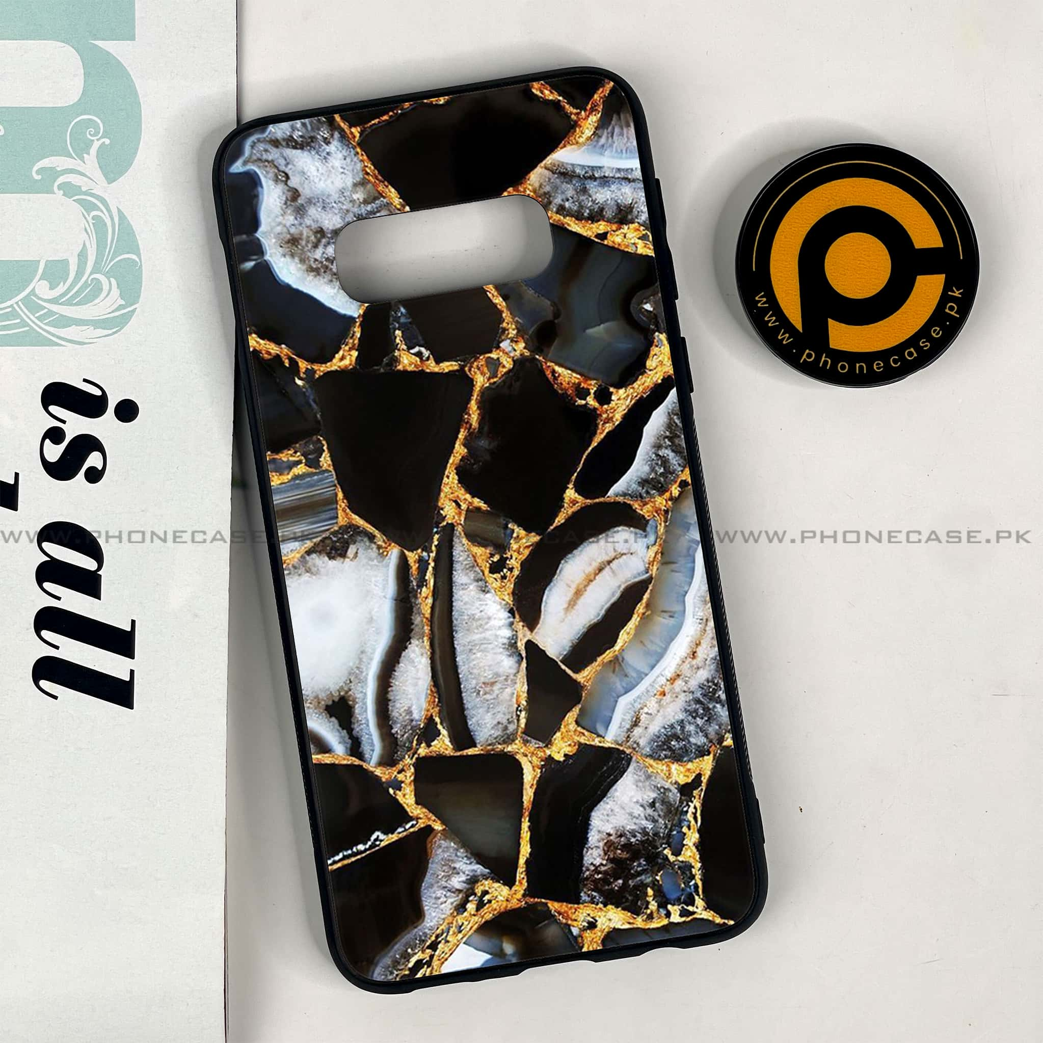 Galaxy S10e - Black Marble Series - Premium Printed Glass soft Bumper shock Proof Case