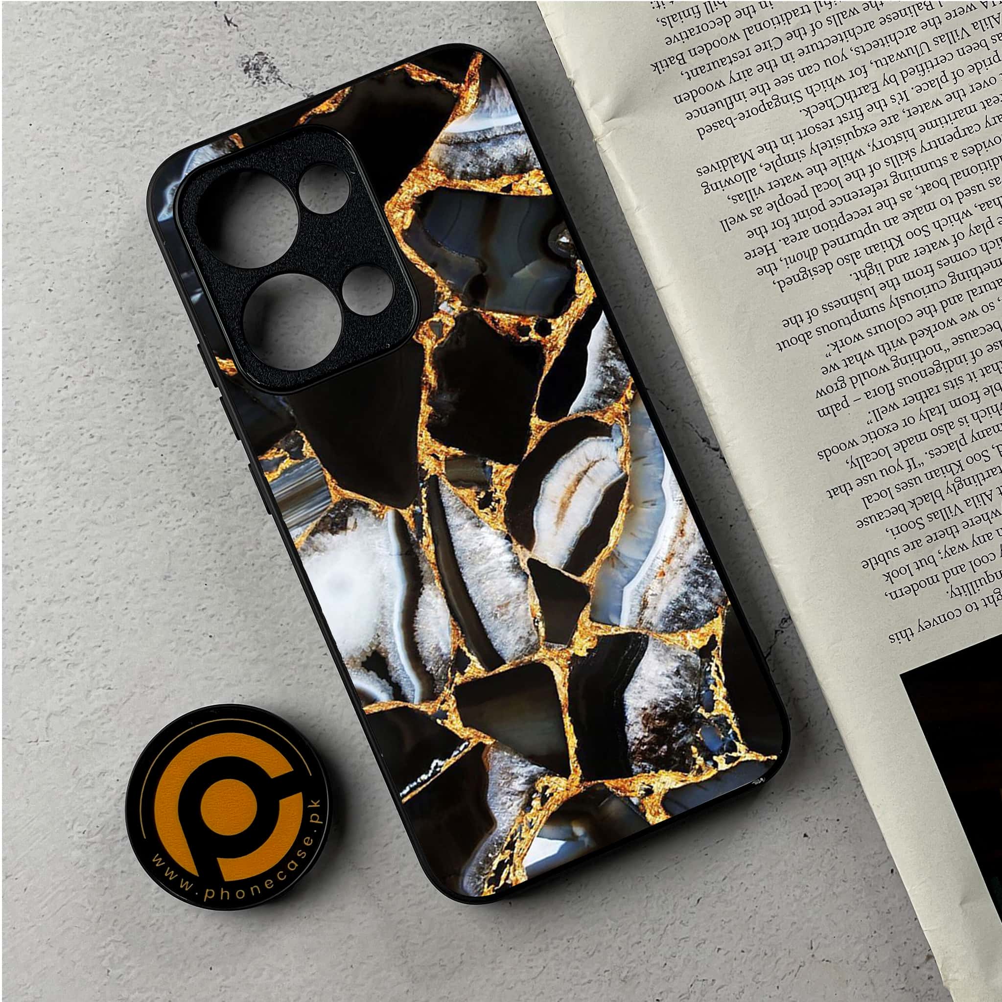 Oppo Reno 13 - Black Marble Series - Premium Metal Printed Soft Bumper Shockproof Case