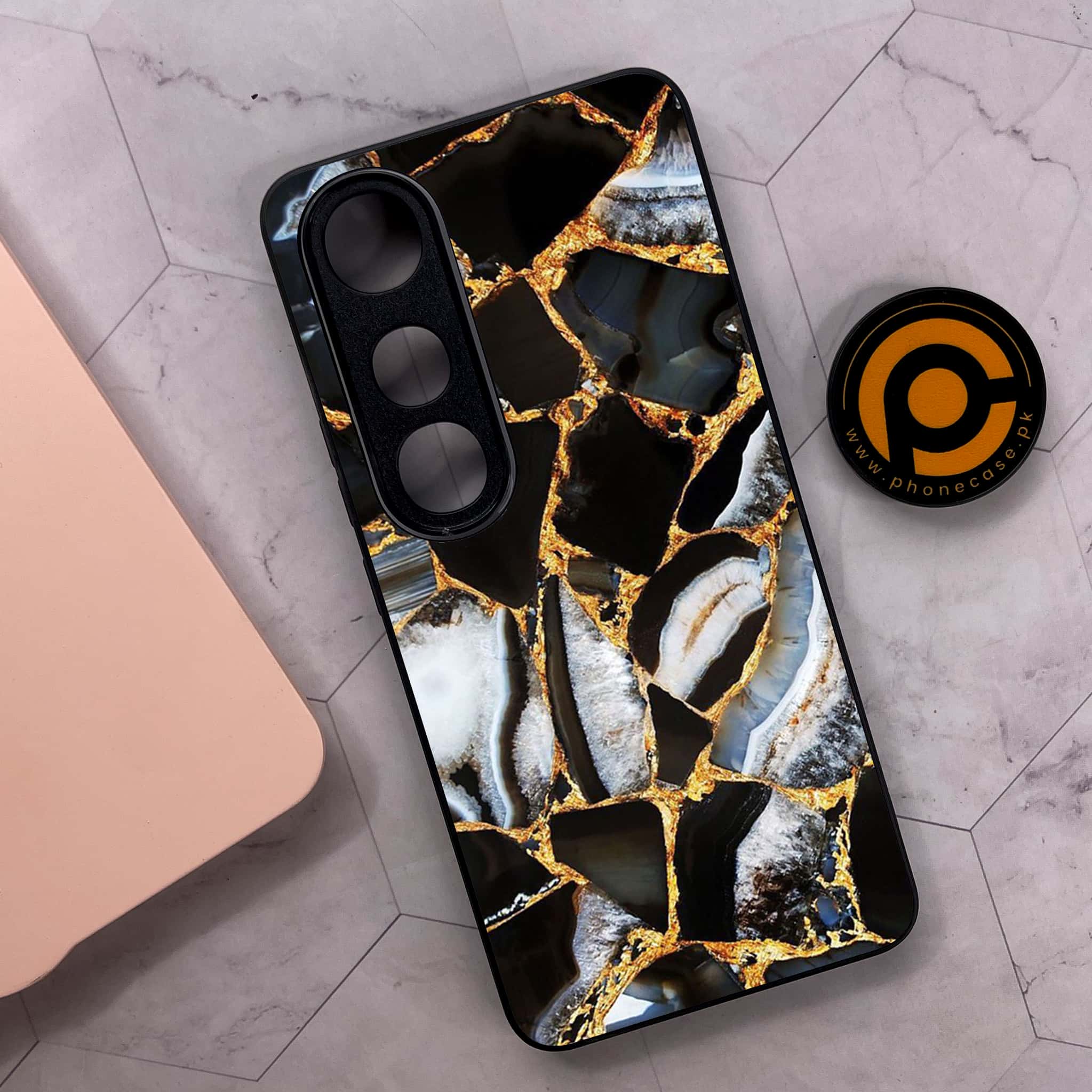 Vivo V50 Lite - Black Marble Series - Premium Metal Printed soft Bumper shock Proof Case
