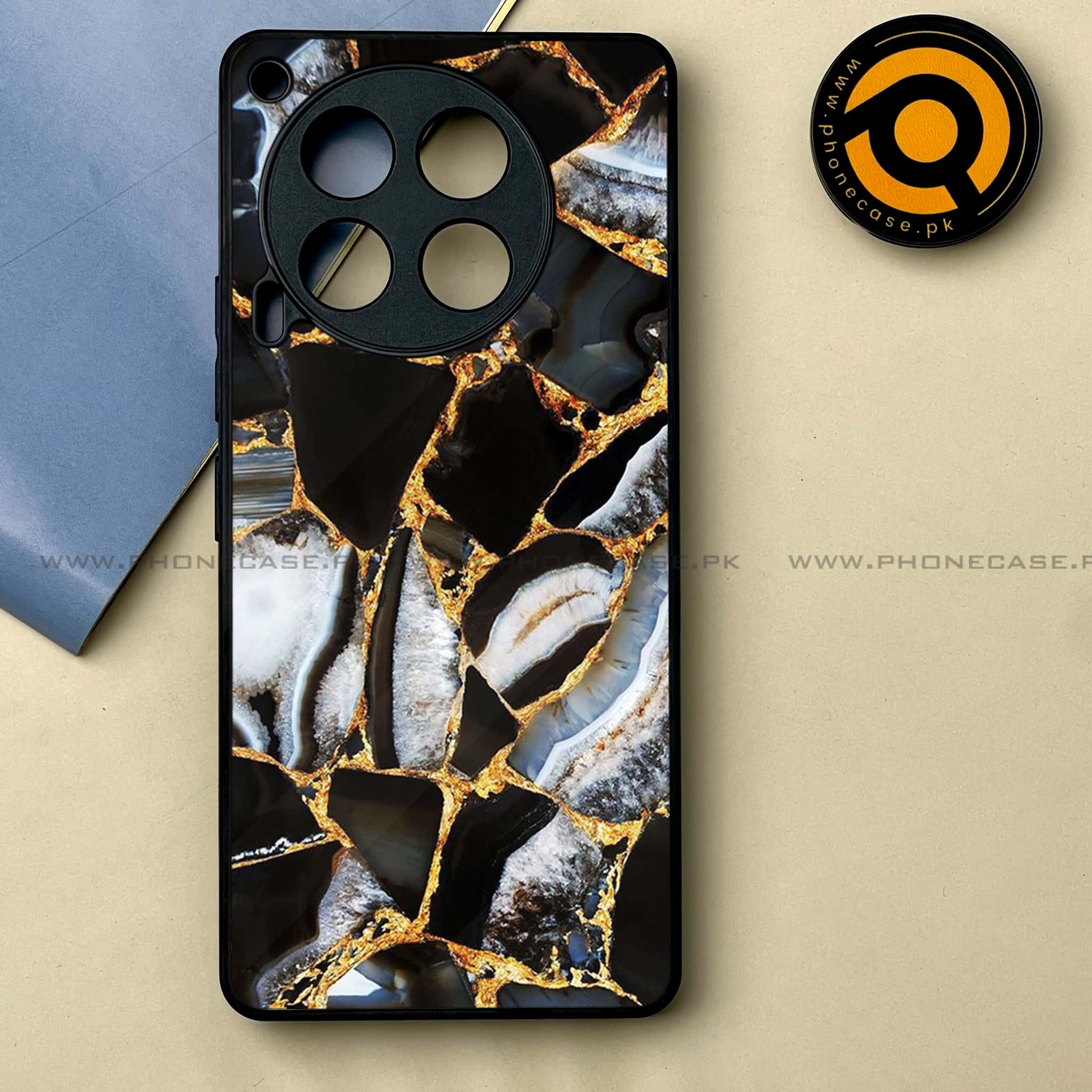 Tecno Camon 30 - Black Marble Series -  Premium Printed Metal soft Bumper shock Proof Case