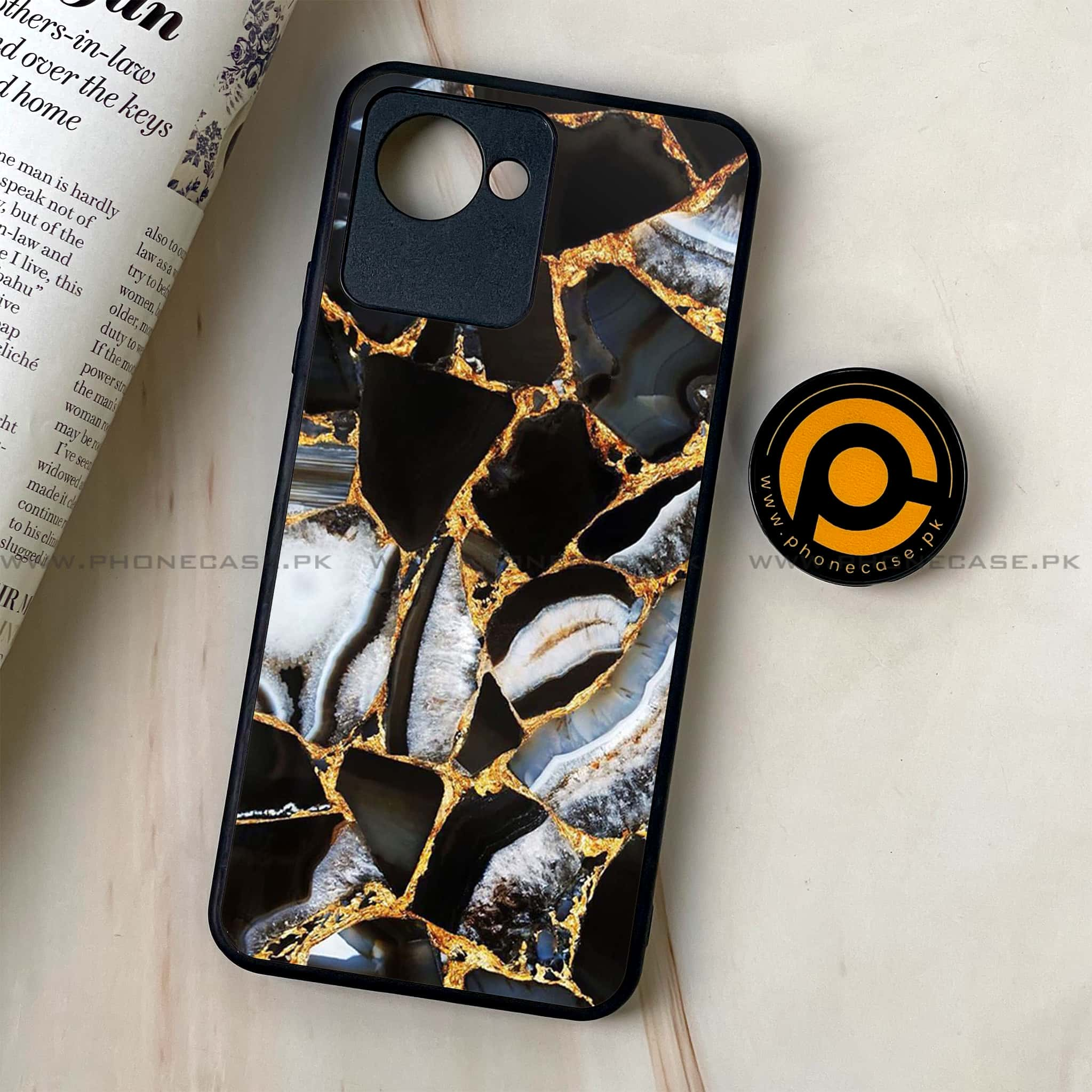 Realme C30 - Black Marble Series - Premium Printed Glass soft Bumper shock Proof Case