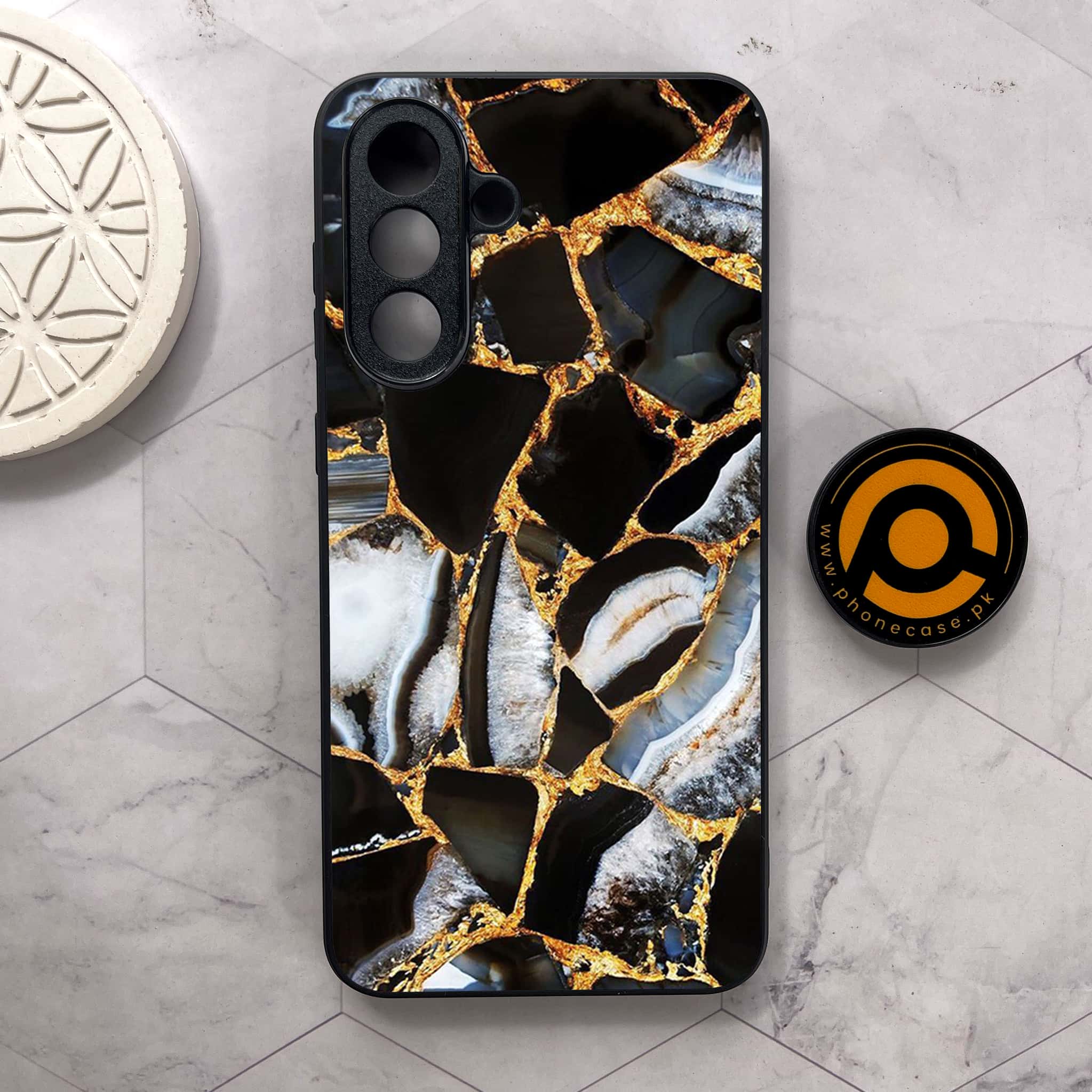 Samsung Galaxy A56 5G -  Black Marble Series - Premium Metal Printed soft Bumper shock Proof Case