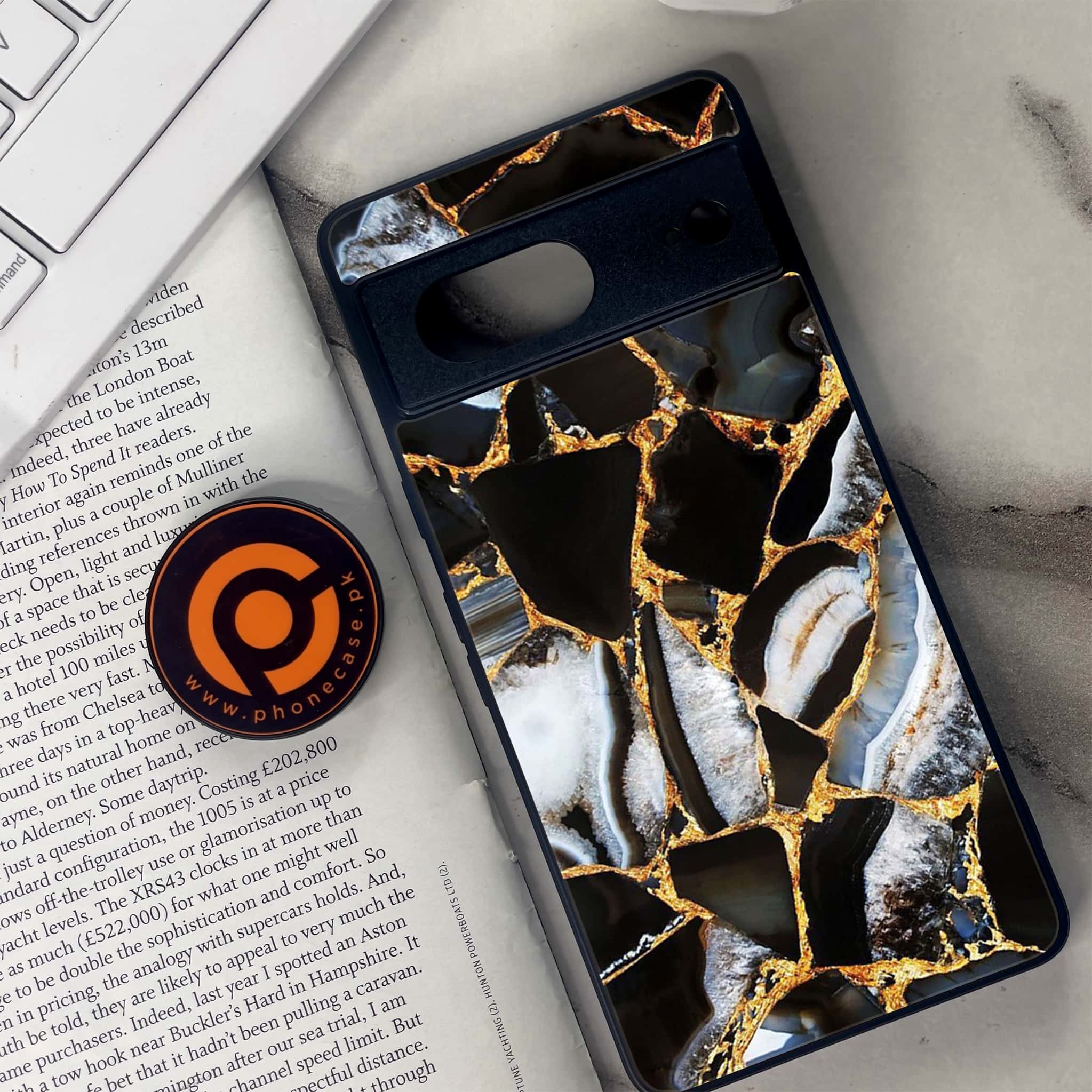 Google Pixel 7 - Black Marble Series - Premium Metal Printed soft Bumper Shock Proof Case