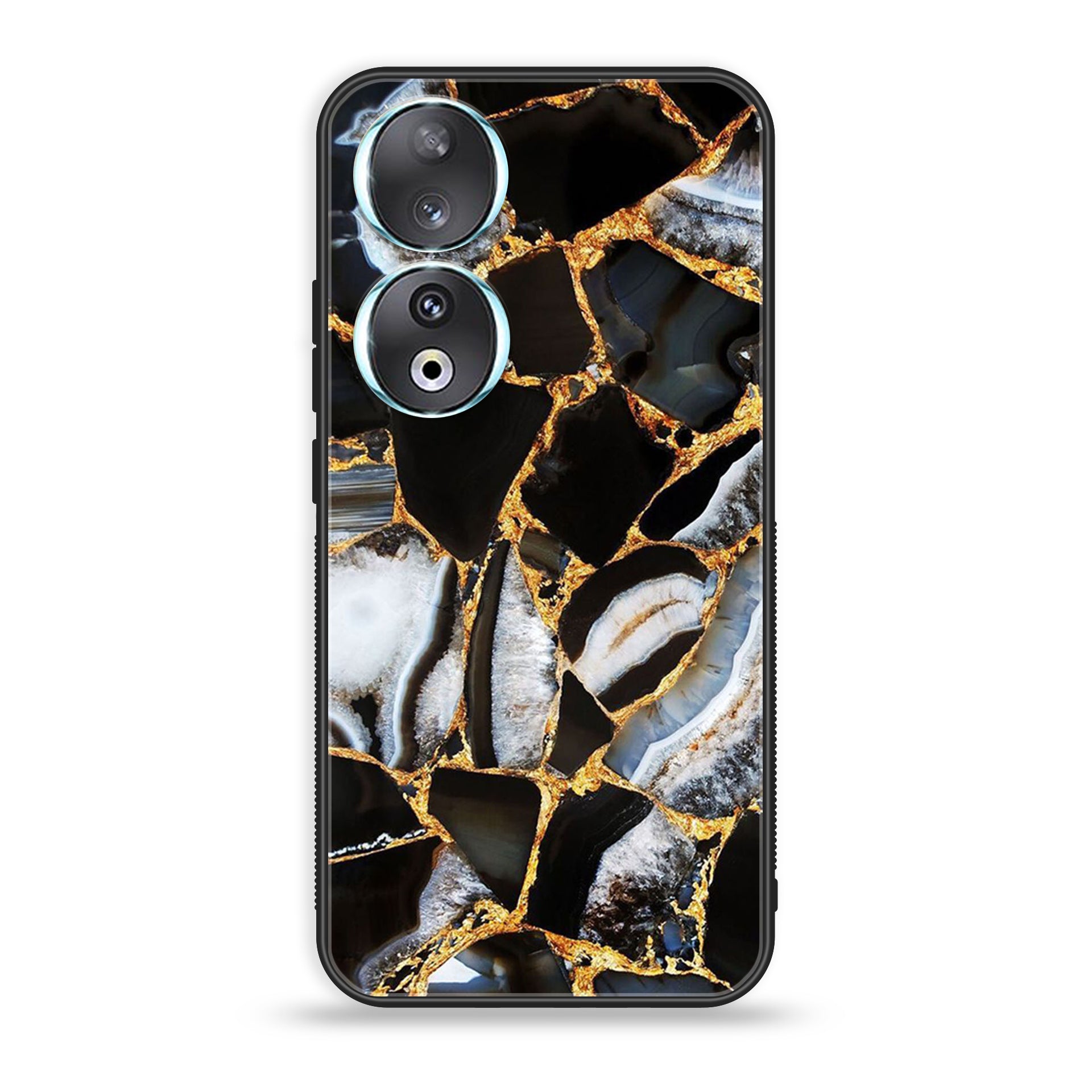 Huawei Honor 90 - Black Marble Series - Premium Printed Glass soft Bumper shock Proof Case