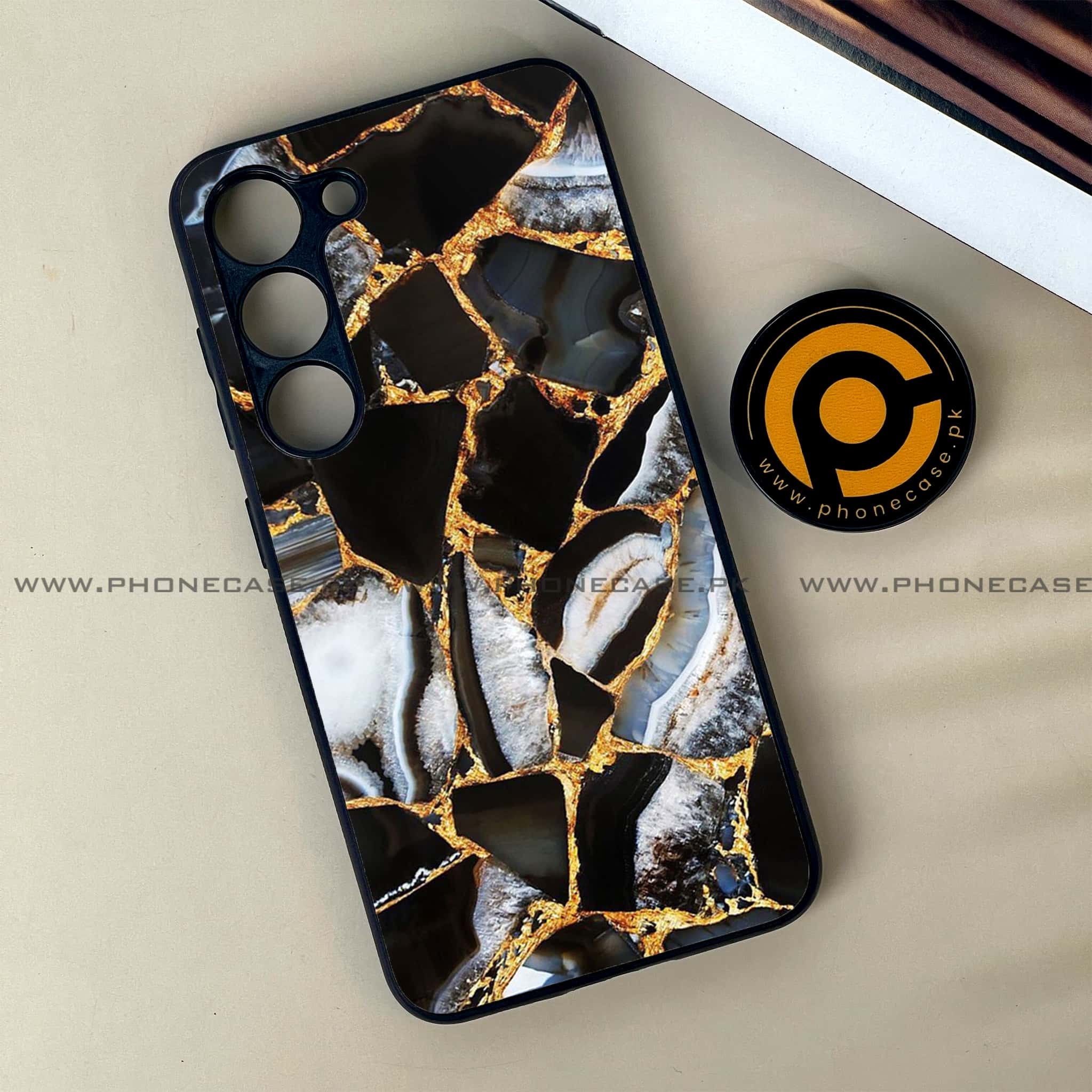 Samsung Galaxy S23 - Black Marble Series - Premium Printed Glass soft Bumper shock Proof Case