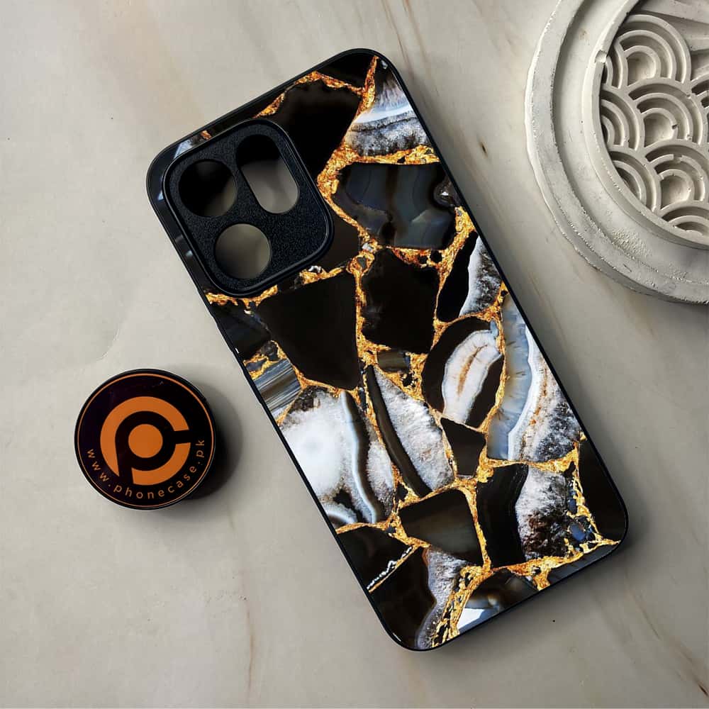 Oppo Reno 14F - Black Marble Series - Premium Metal Printed Soft Bumper Shockproof Case