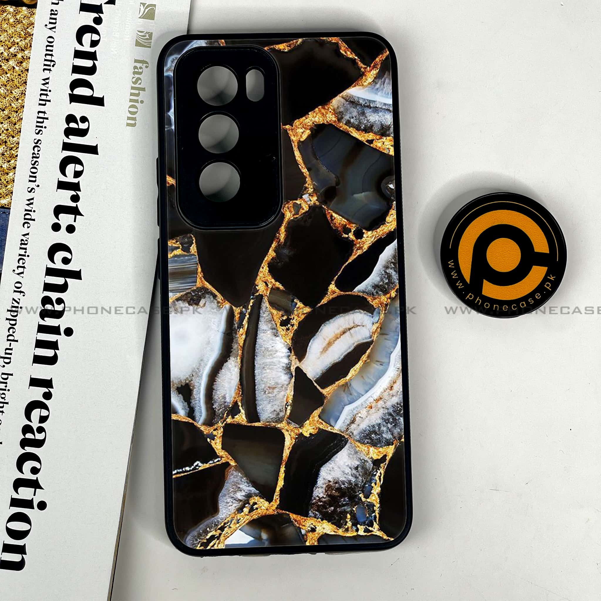 Oppo Reno 12 5G - Black Marble Series - Premium Printed Glass soft Bumper shock Proof Case