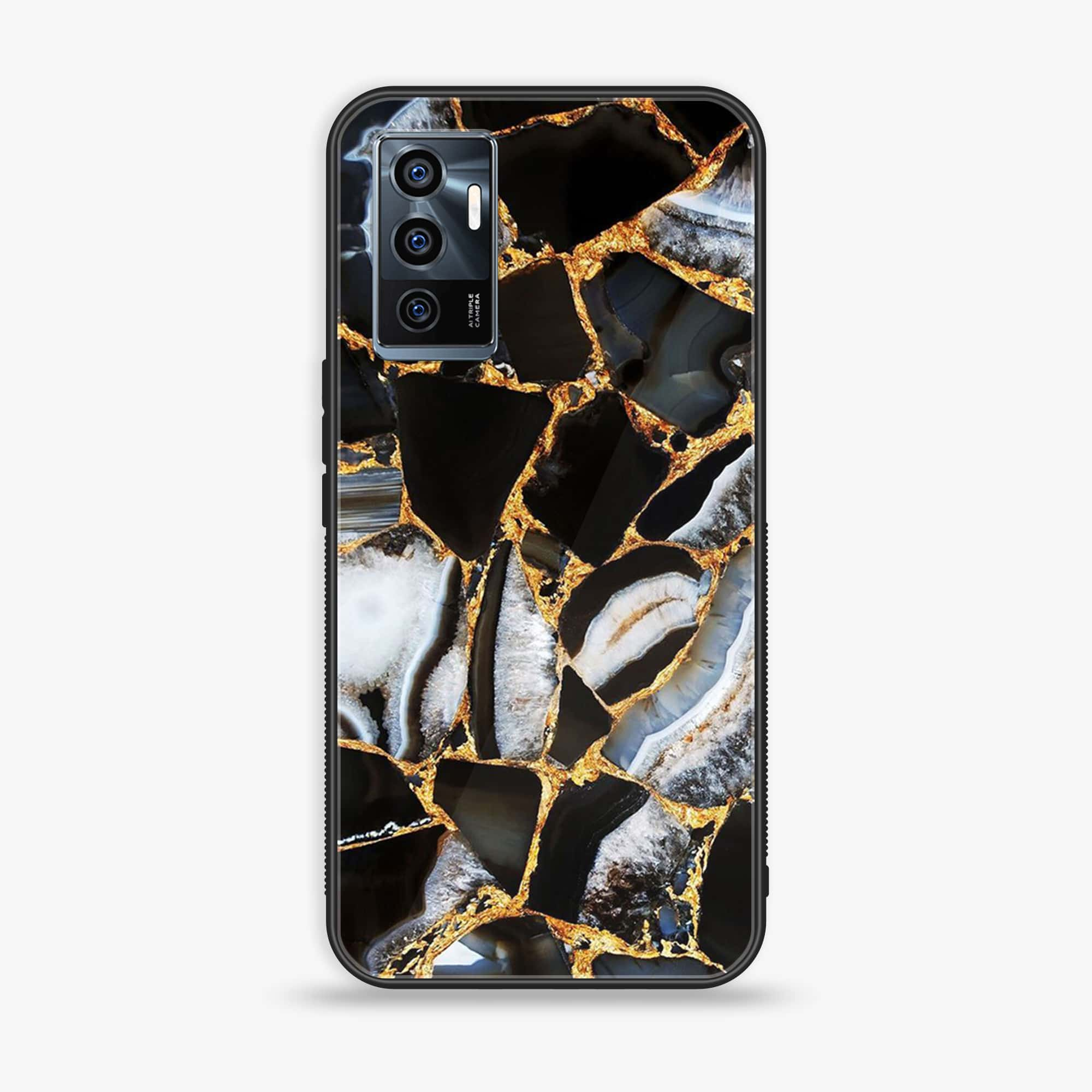 Vivo V23e - Black Marble Series - Premium Printed Glass soft Bumper shock Proof Case