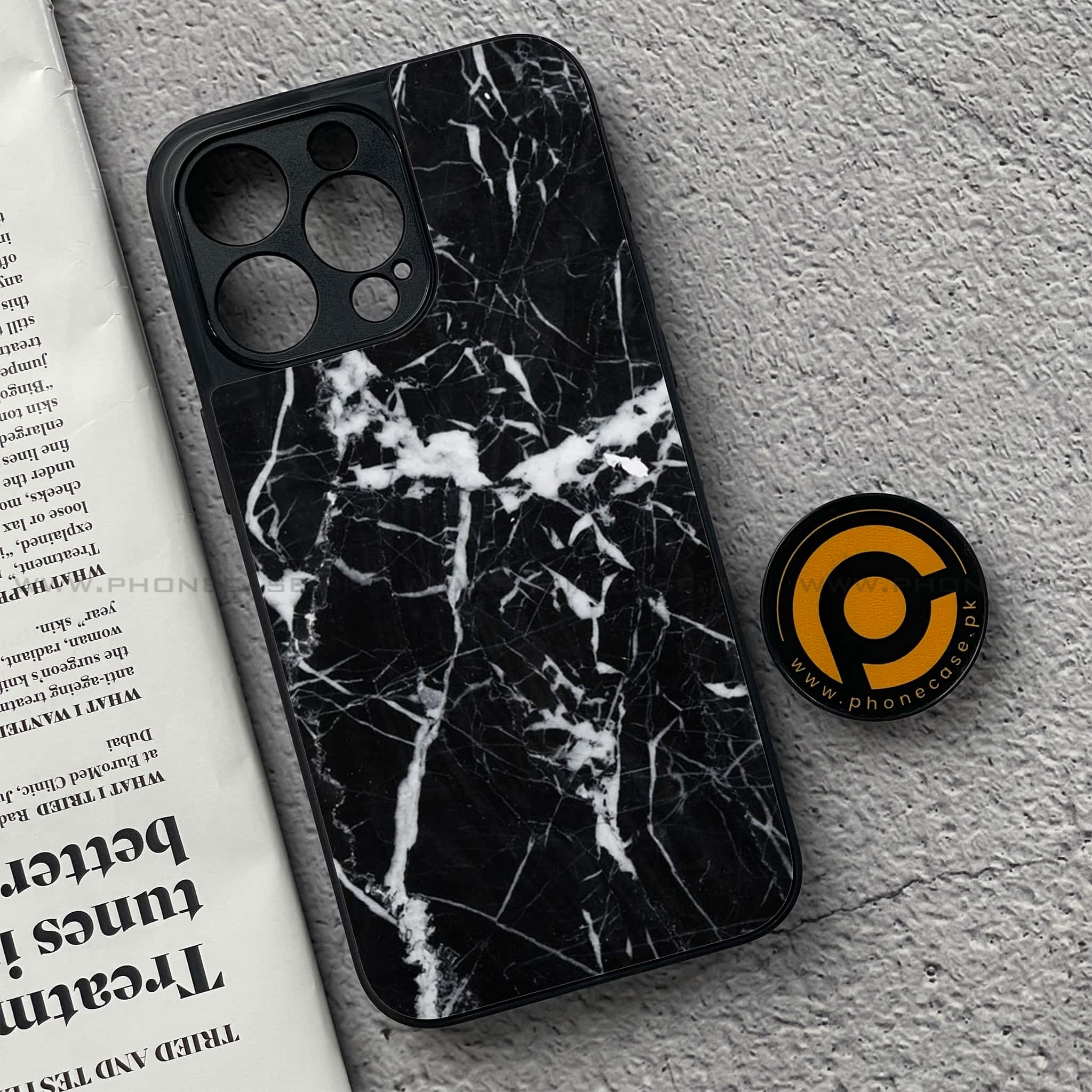 iPhone 15 Pro - Black Marble Series - Premium Metal Printed soft Bumper shock Proof Case