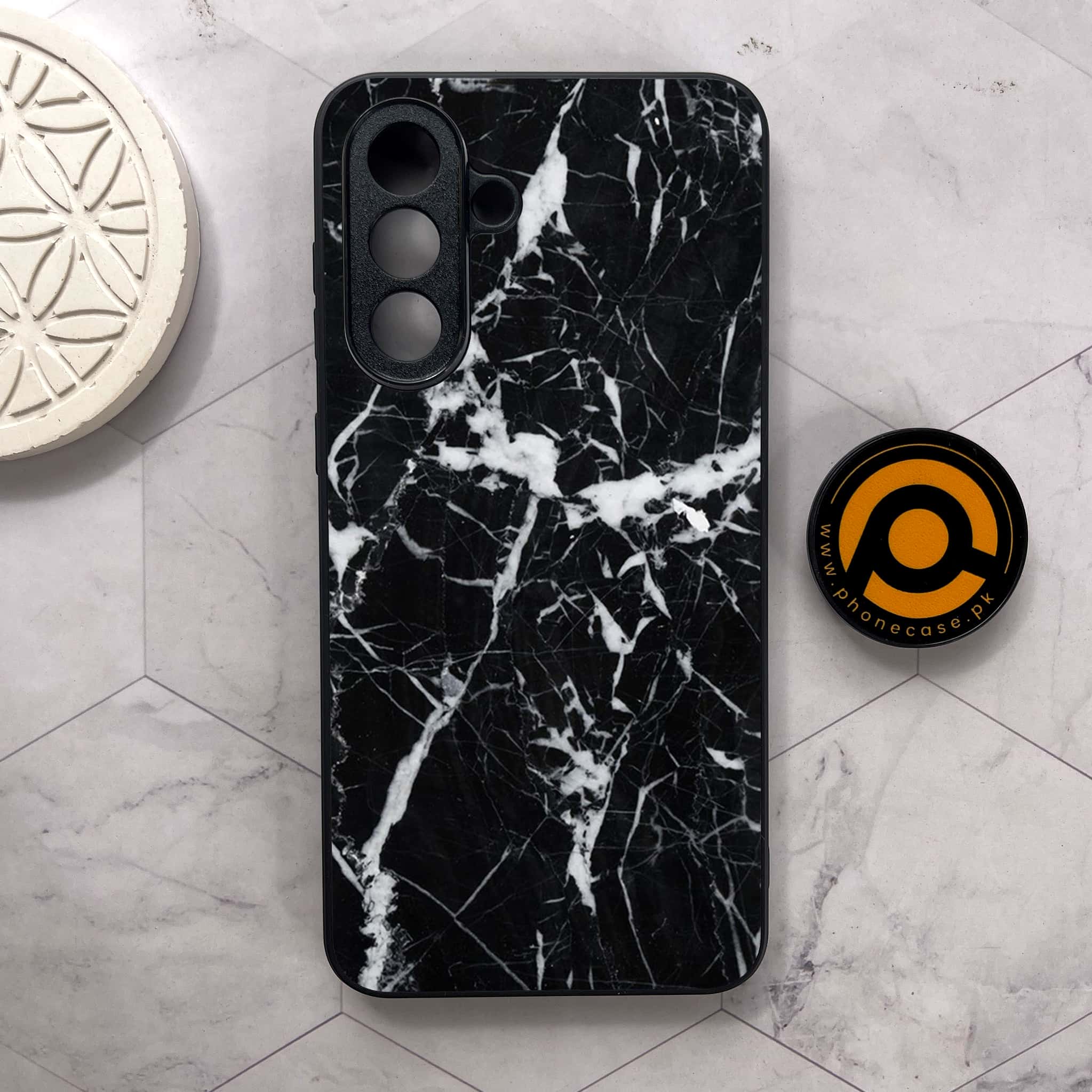 Samsung Galaxy A56 5G -  Black Marble Series - Premium Metal Printed soft Bumper shock Proof Case