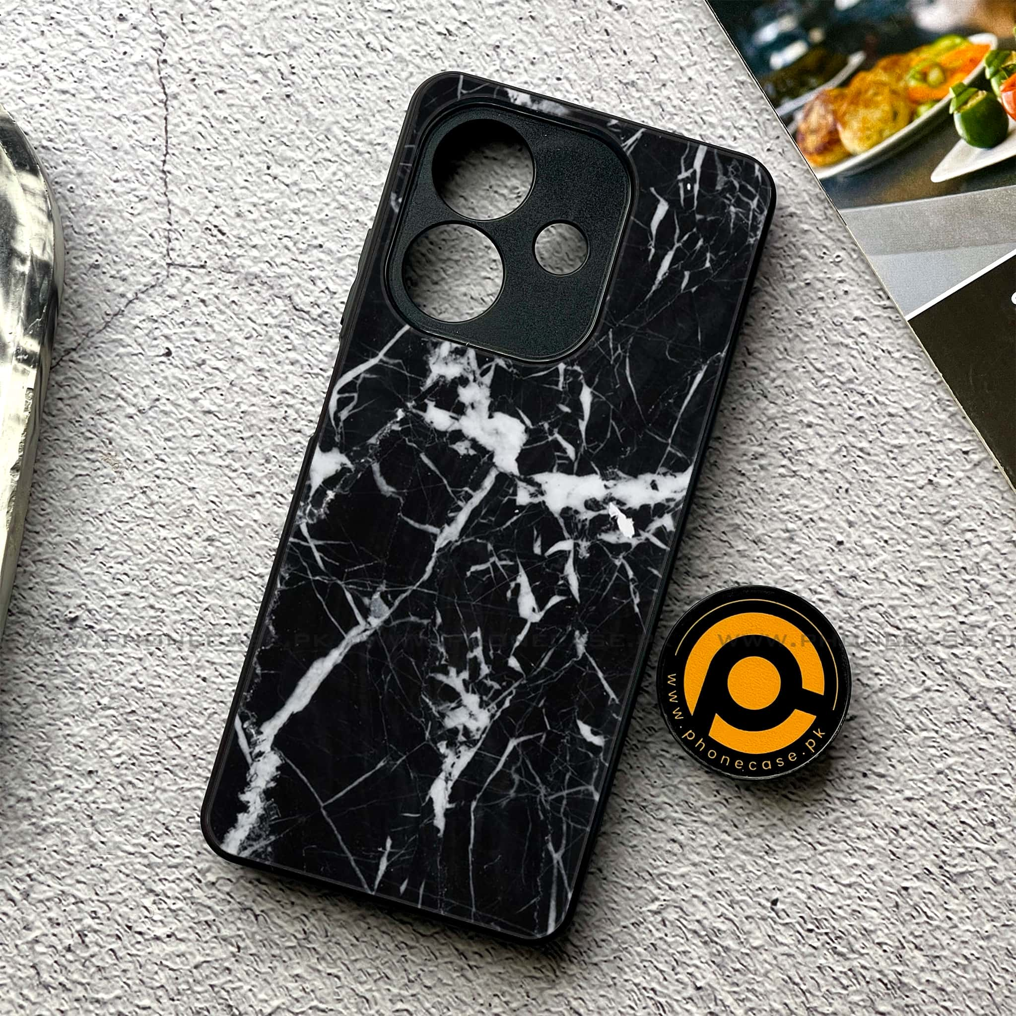 Oppo A3x - Black Marble Series - Premium Printed Glass soft Bumper shock Proof Case