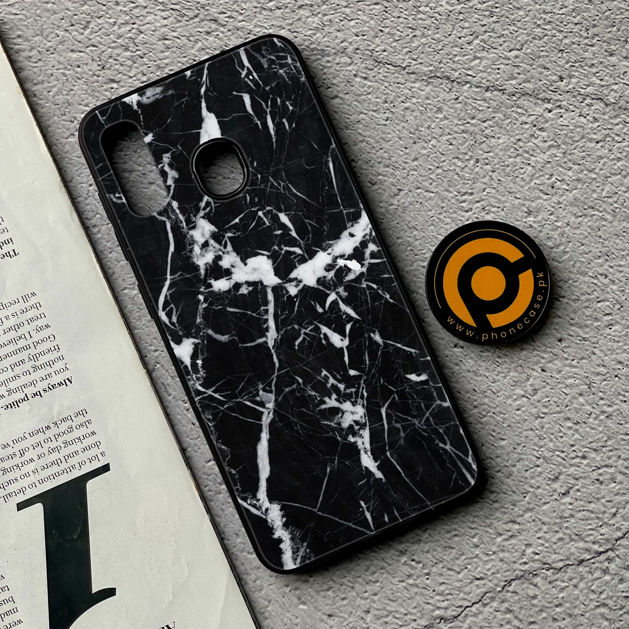 Galaxy A20/A30 - Black Marble Series - Premium Printed Glass soft Bumper shock Proof Case