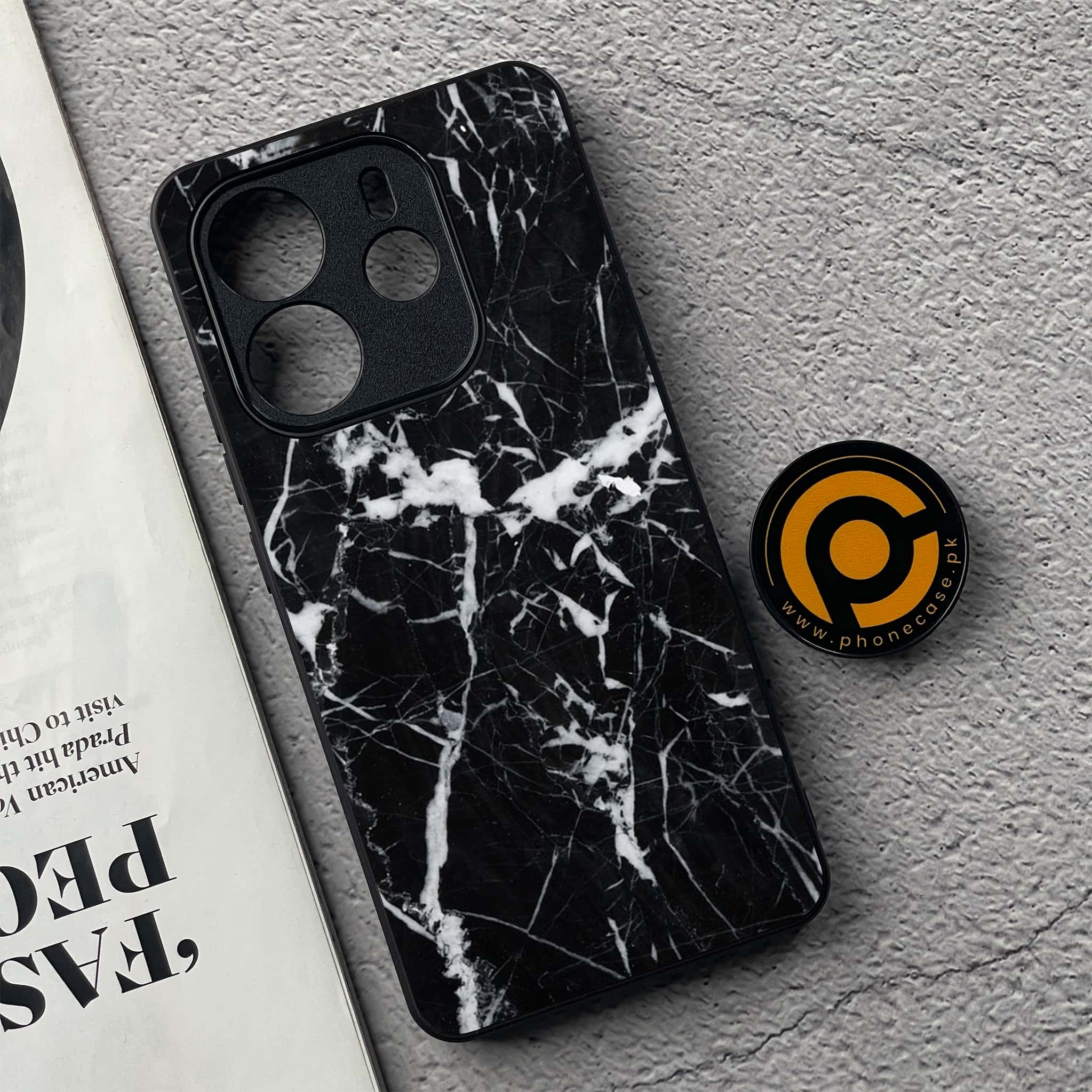 Xiaomi Redmi Note 14 - Black Marble Series - Premium Printed Glass soft Bumper shock Proof Case