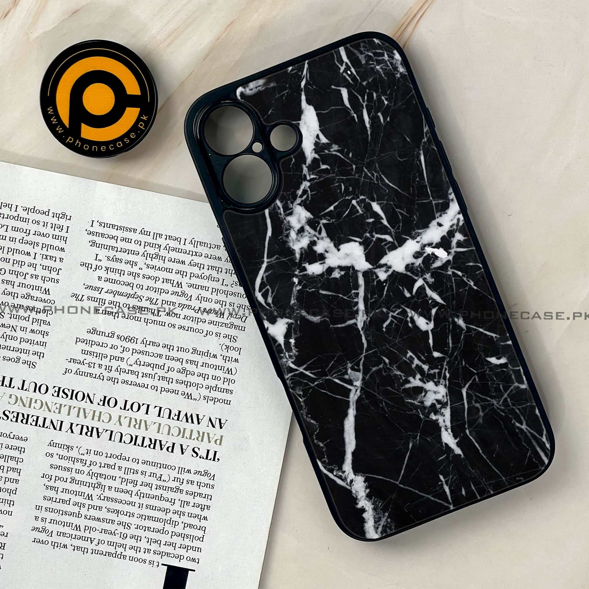 iPhone 16 - Black Marble Series - Premium Printed Glass soft Bumper shock Proof Case