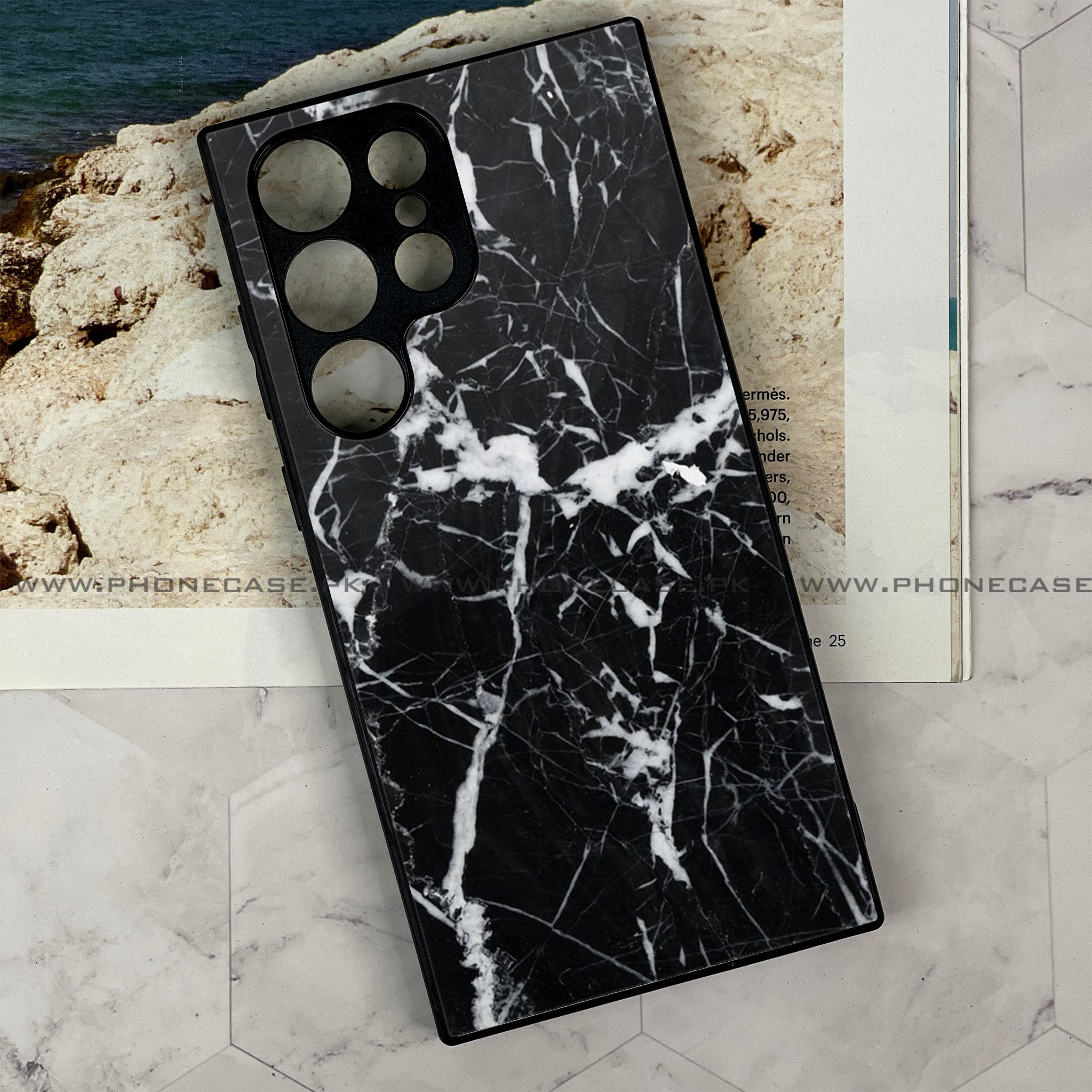 Samsung Galaxy S23 Ultra  - Black Marble Series - Premium Printed Glass soft Bumper shock Proof Case