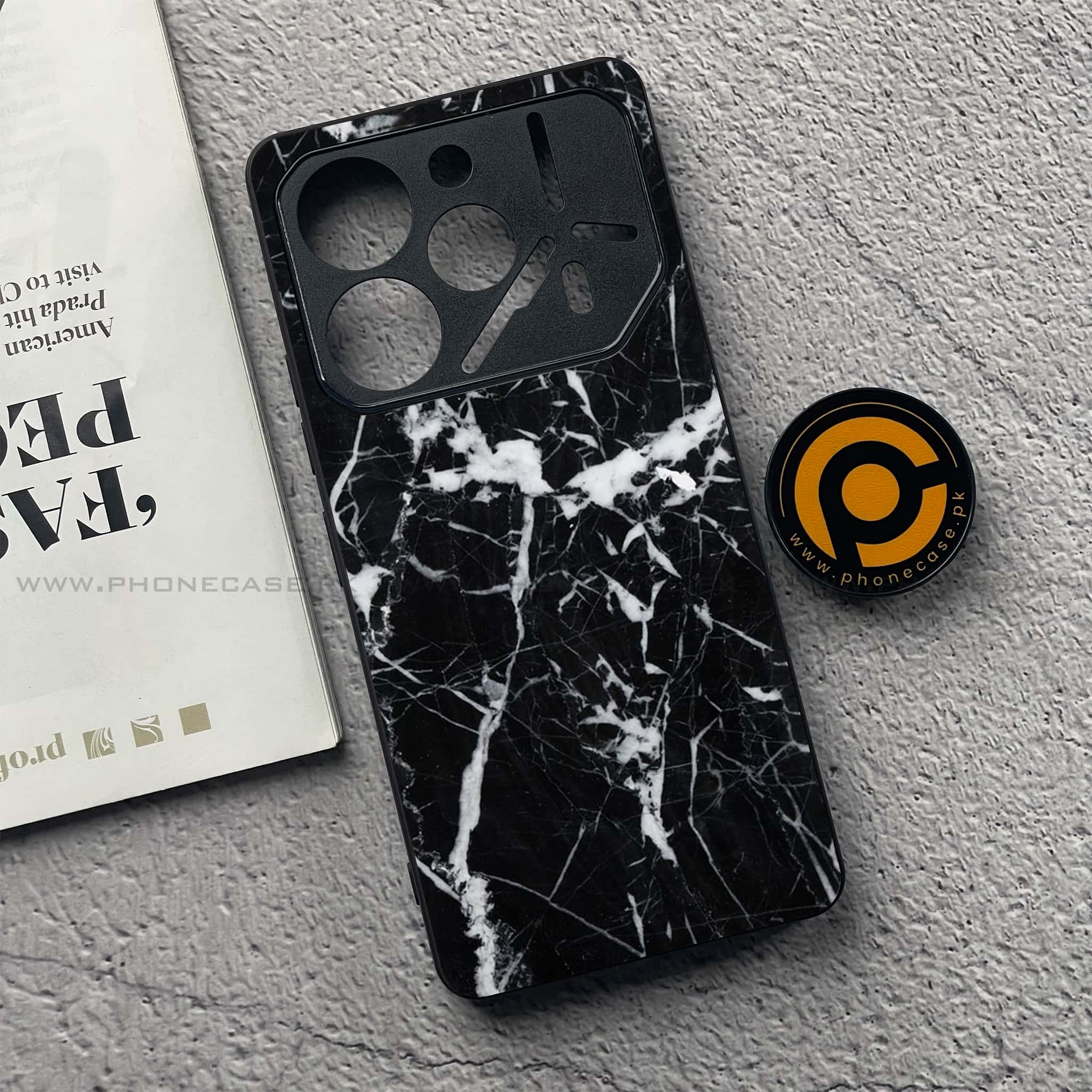 Tecno Pova 6 Pro - Black Marble Series - Premium Printed Glass soft Bumper shock Proof Case