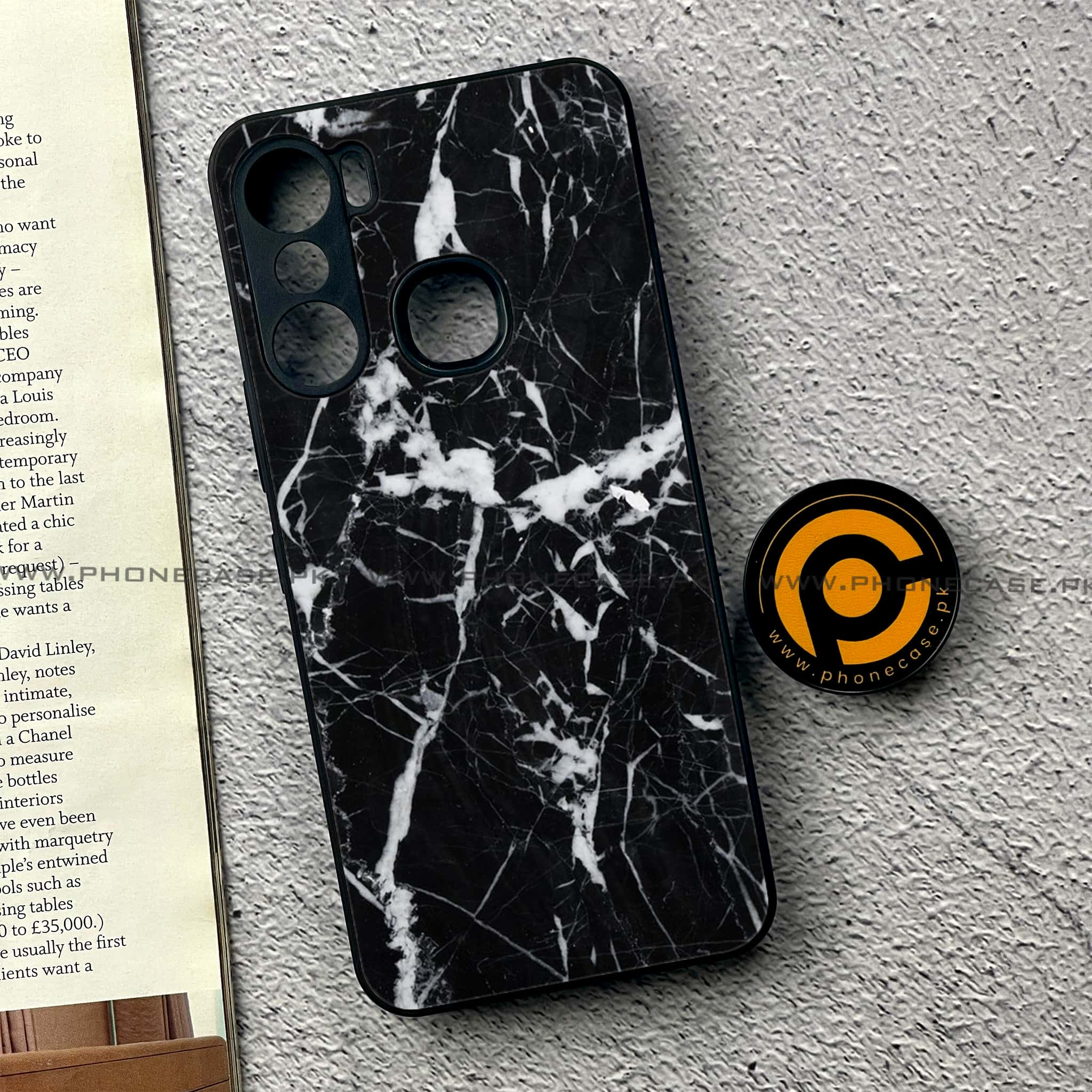 Infinix Hot 12 Pro - Black Marble Series - Premium Printed Glass soft Bumper shock Proof Case