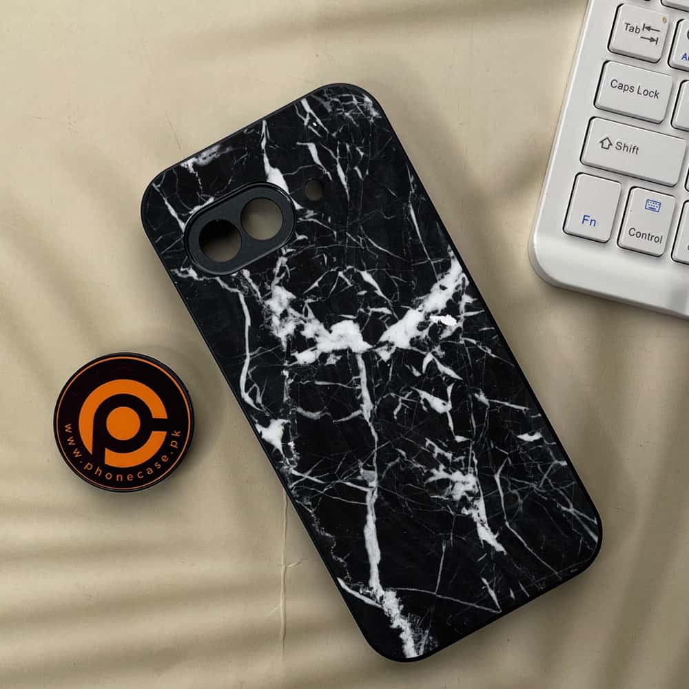 Google Pixel 9a - Black Marble Series - Premium Metal Printed soft Bumper Shock Proof Case