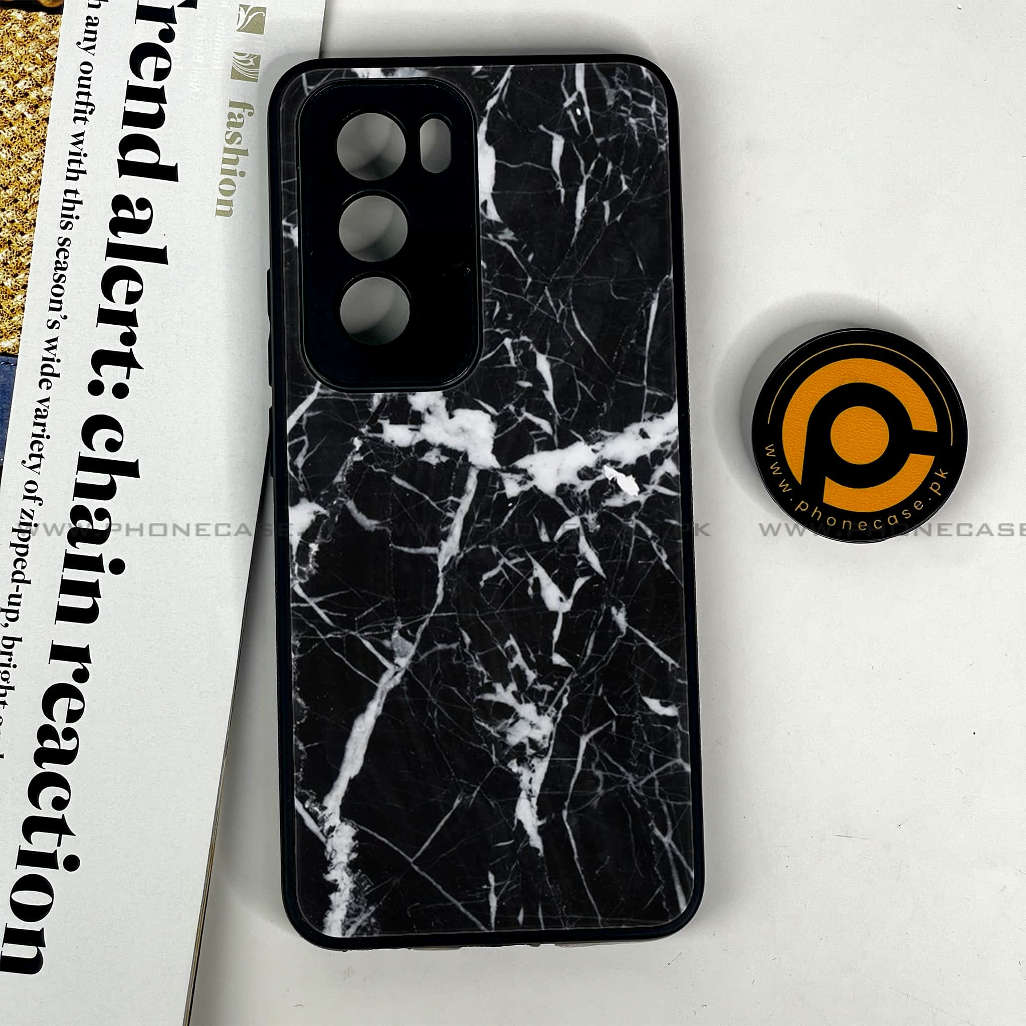 Oppo Reno 12 5G - Black Marble Series - Premium Printed Glass soft Bumper shock Proof Case