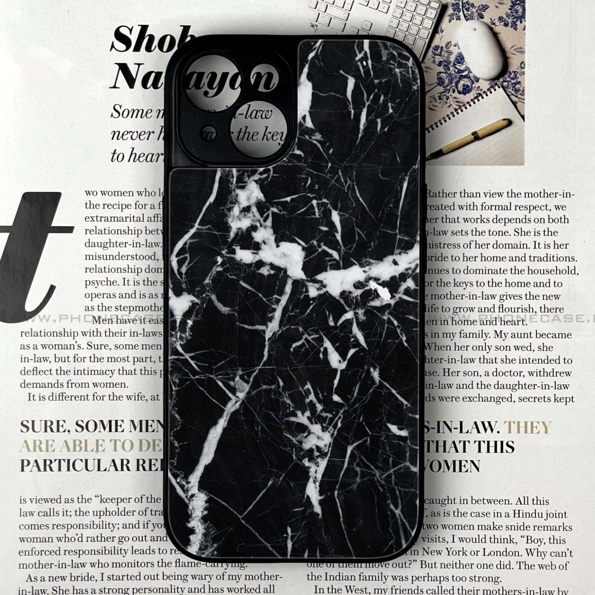 iPhone 14 - Black Marble Series - Premium Printed Glass soft Bumper shock Proof Case