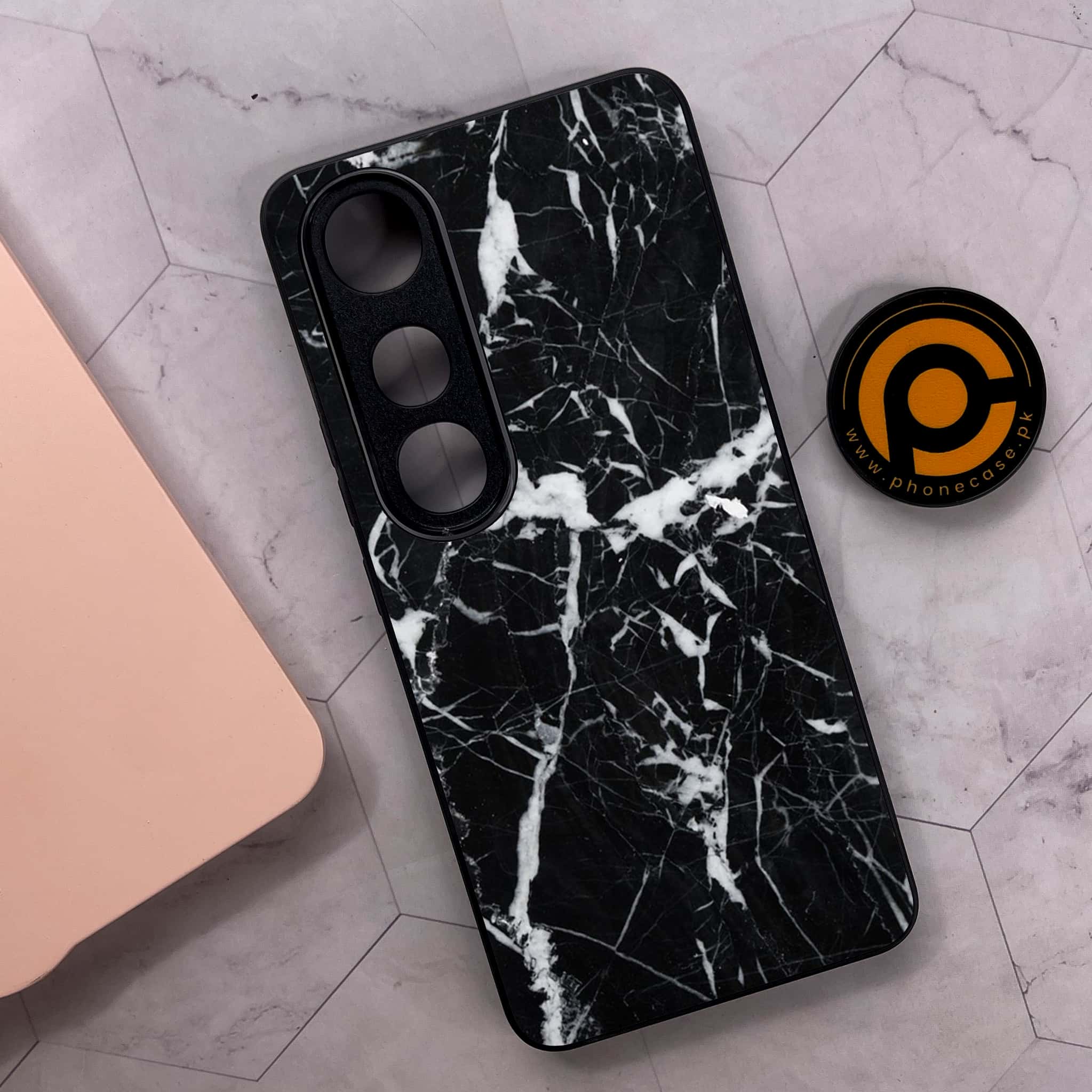 Vivo V50 Lite - Black Marble Series - Premium Metal Printed soft Bumper shock Proof Case