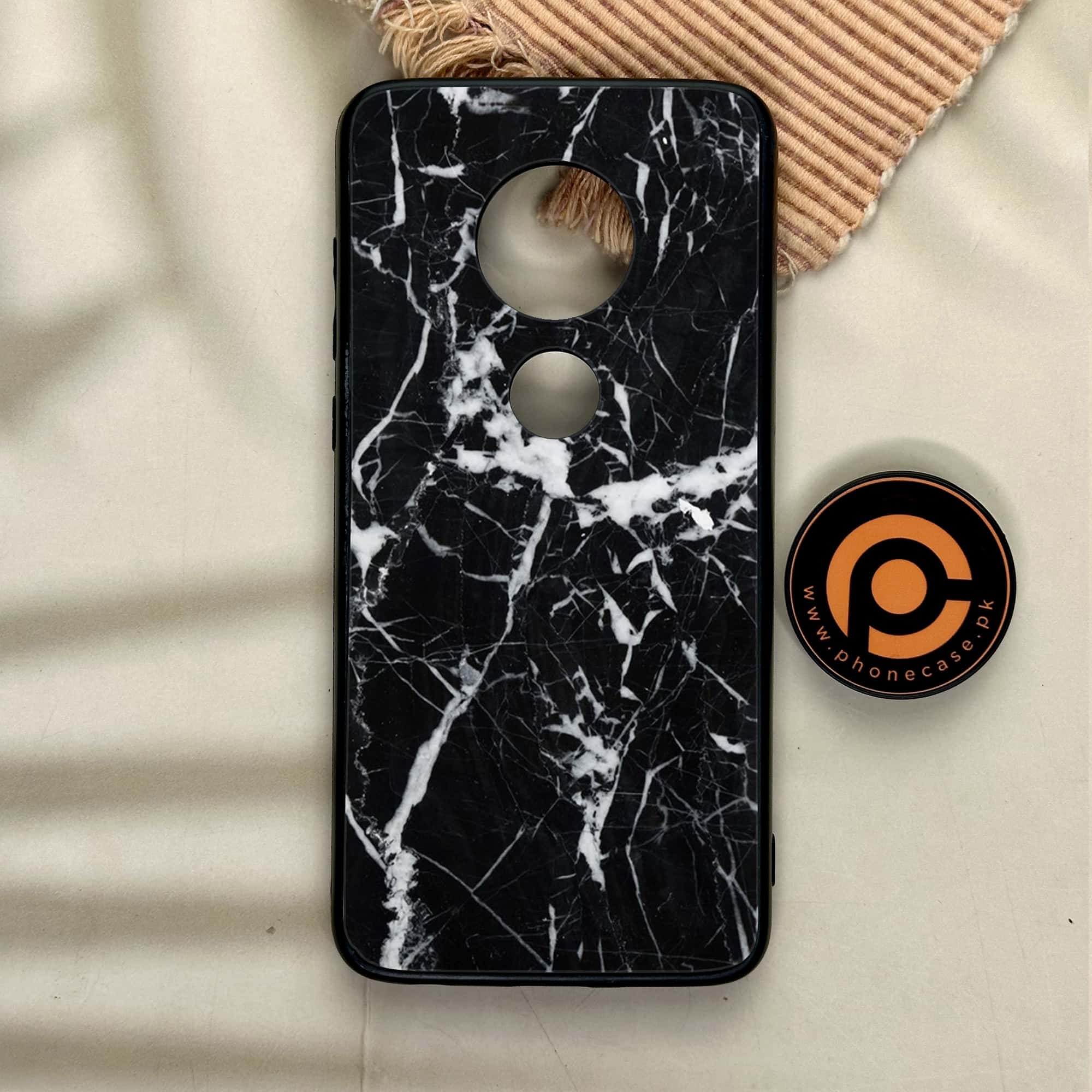 Moto G7 - Black Marble Series - Premium Printed Glass soft Bumper shock Proof Case