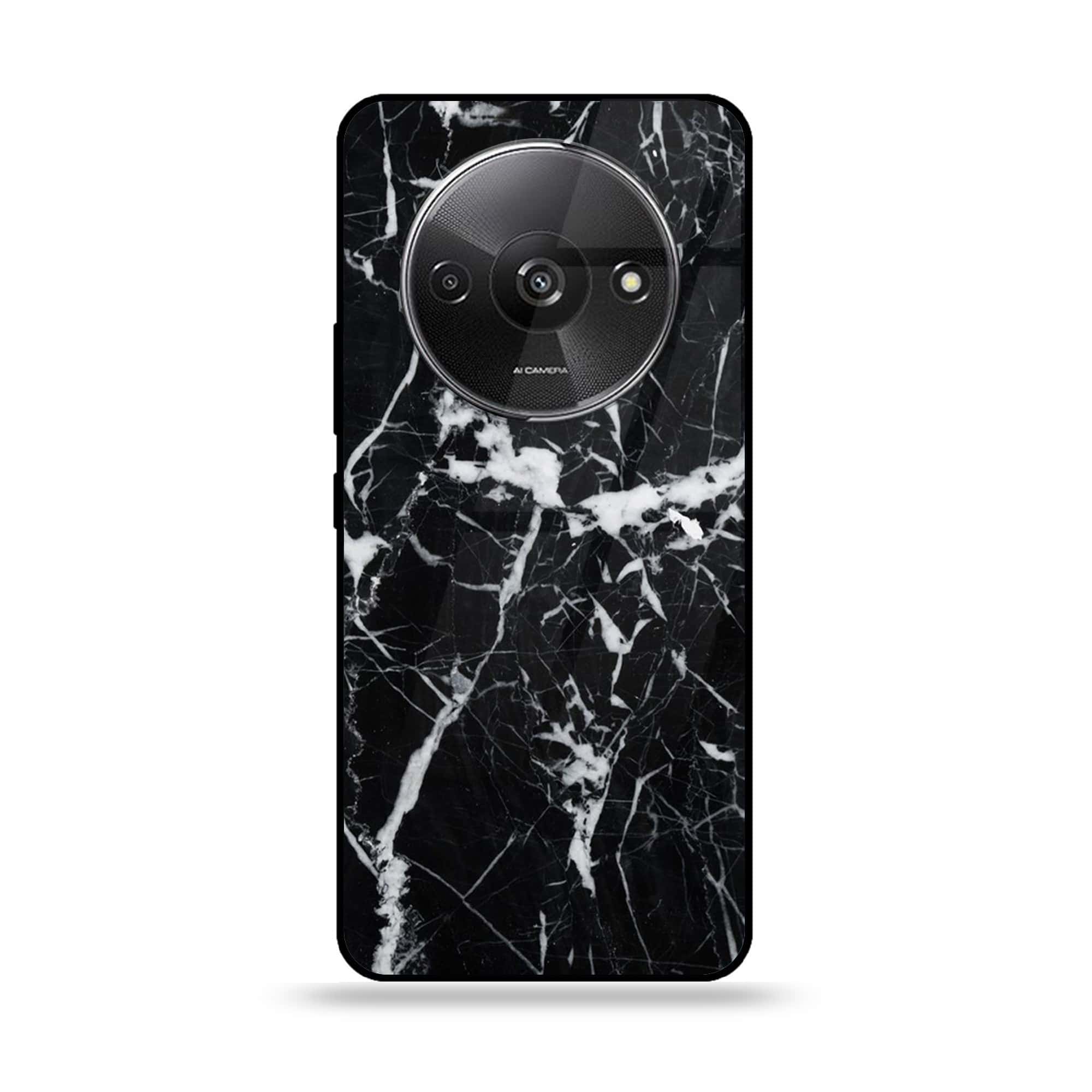Xiaomi Redmi A3 - Black Marble Series - Premium Printed Glass soft Bumper shock Proof Case