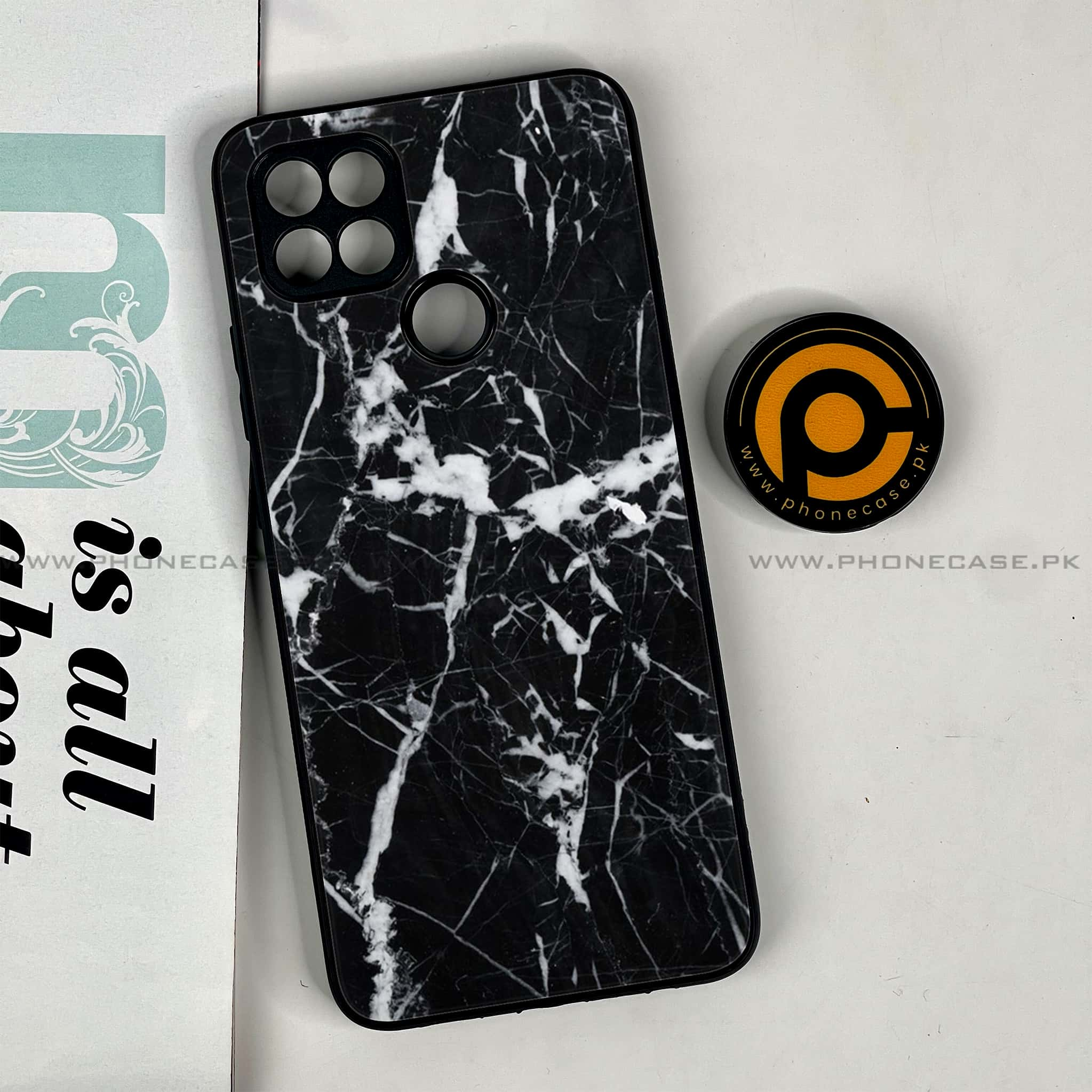 Oppo A15s - Black Marble Series - Premium Printed Glass soft Bumper shock Proof Case