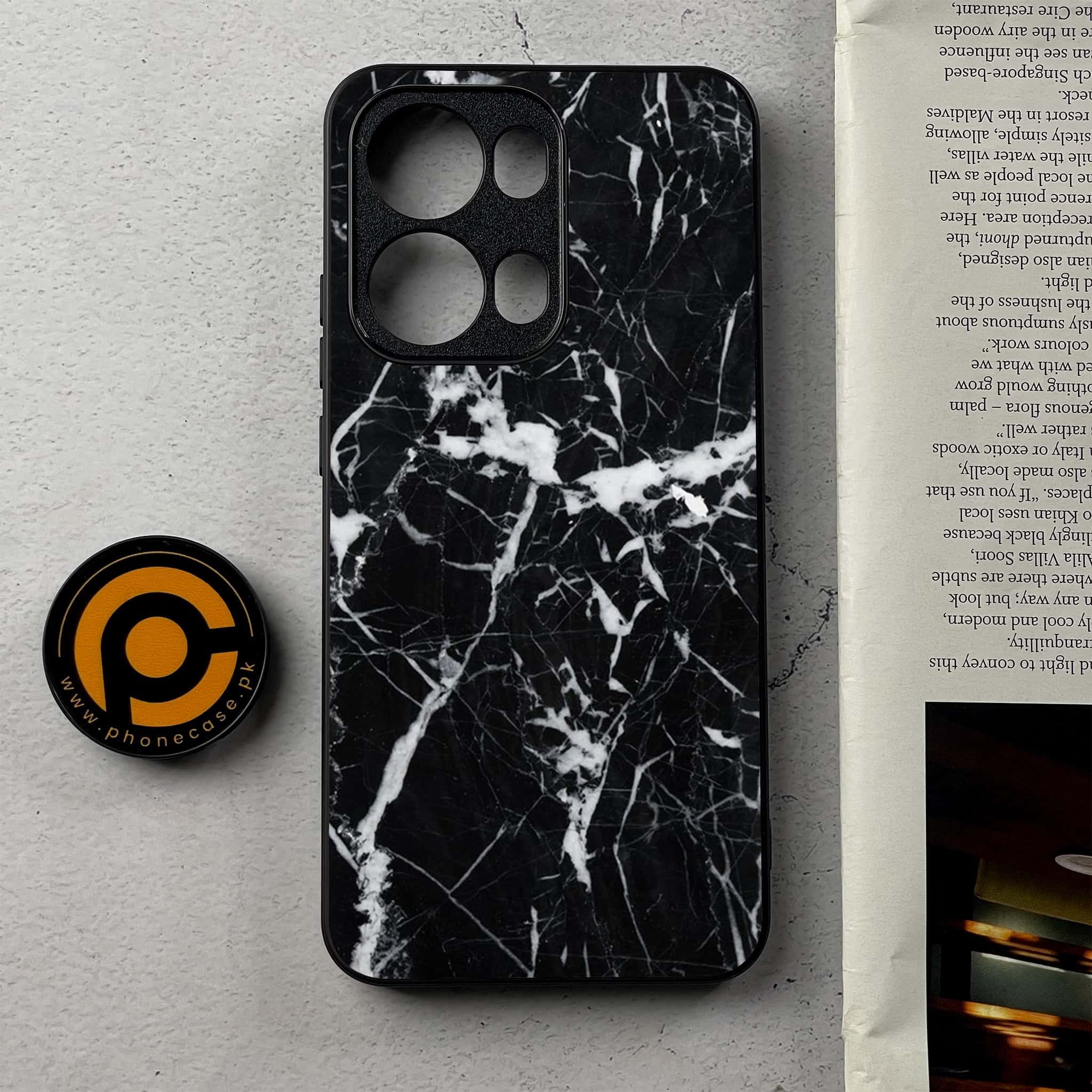 Oppo Reno 13 Pro - Black Marble Series - Premium Metal Printed Soft Bumper Shockproof Case