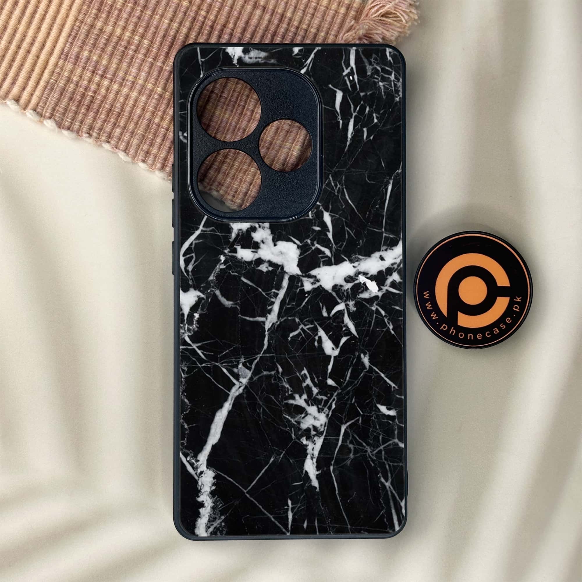 Realme GT 6 - Black Marble Series - Premium Metal Printed soft Bumper shock Proof Case