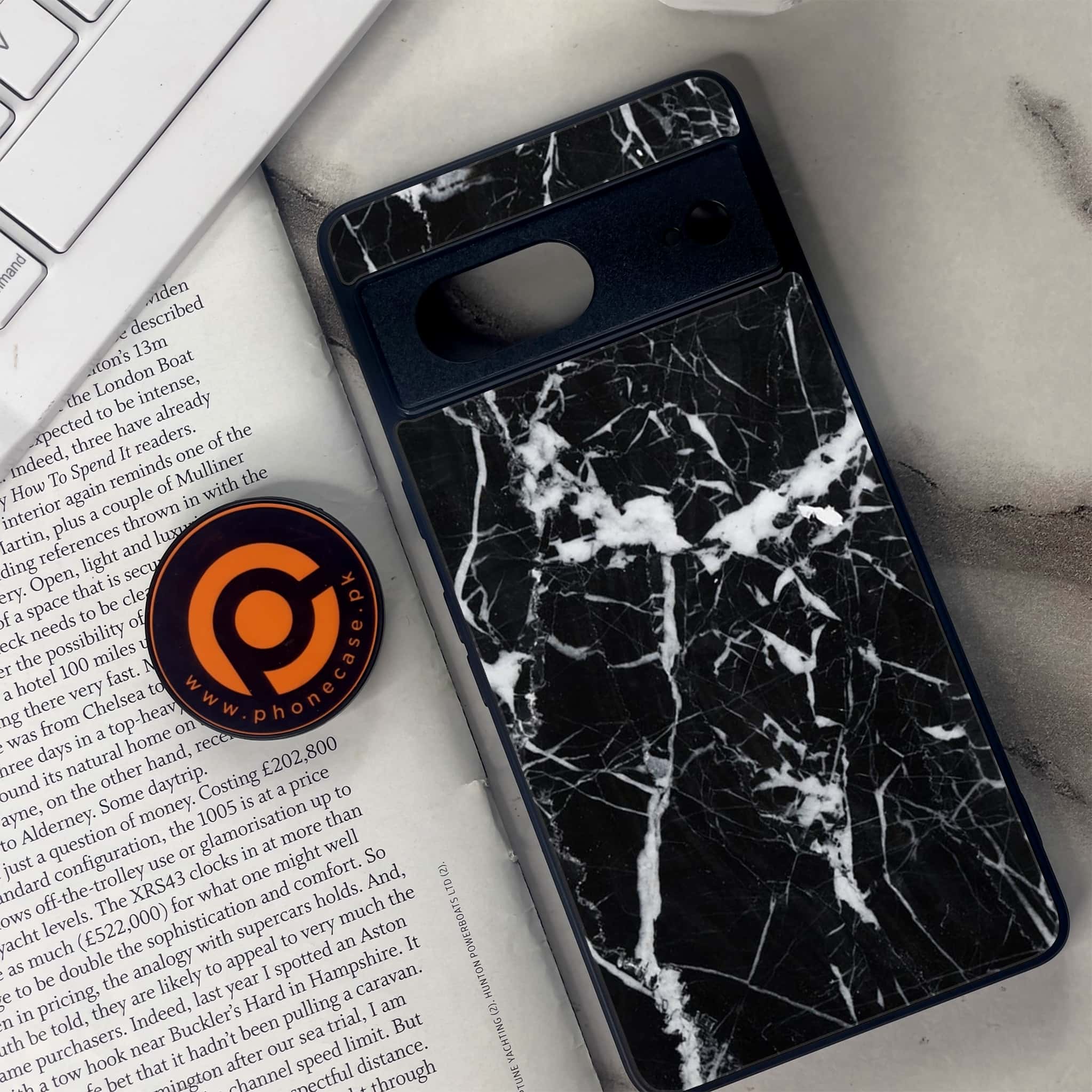 Google Pixel 7 - Black Marble Series - Premium Metal Printed soft Bumper Shock Proof Case