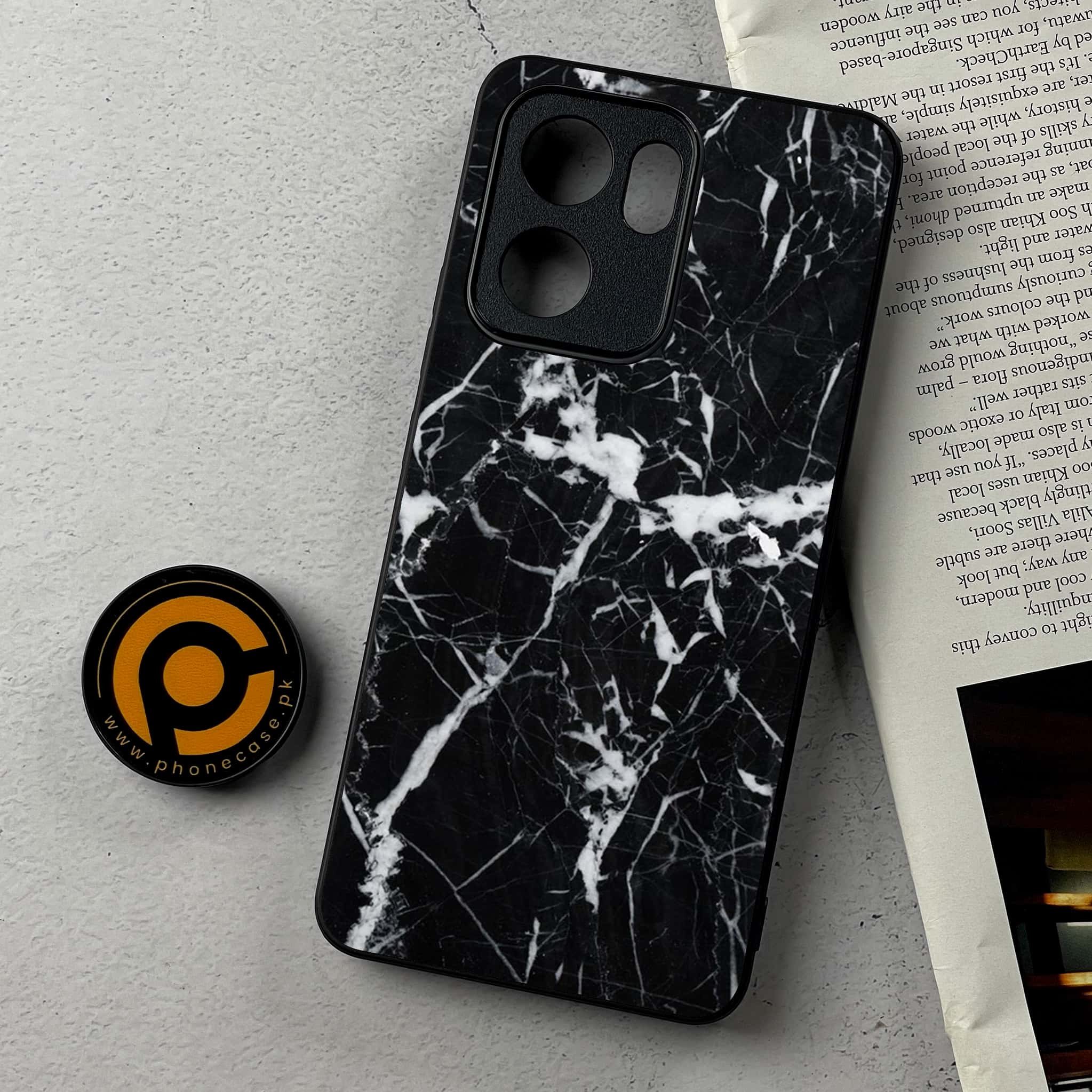 Oppo Reno 13F - Black Marble Series - Premium Metal Printed Soft Bumper Shockproof Case