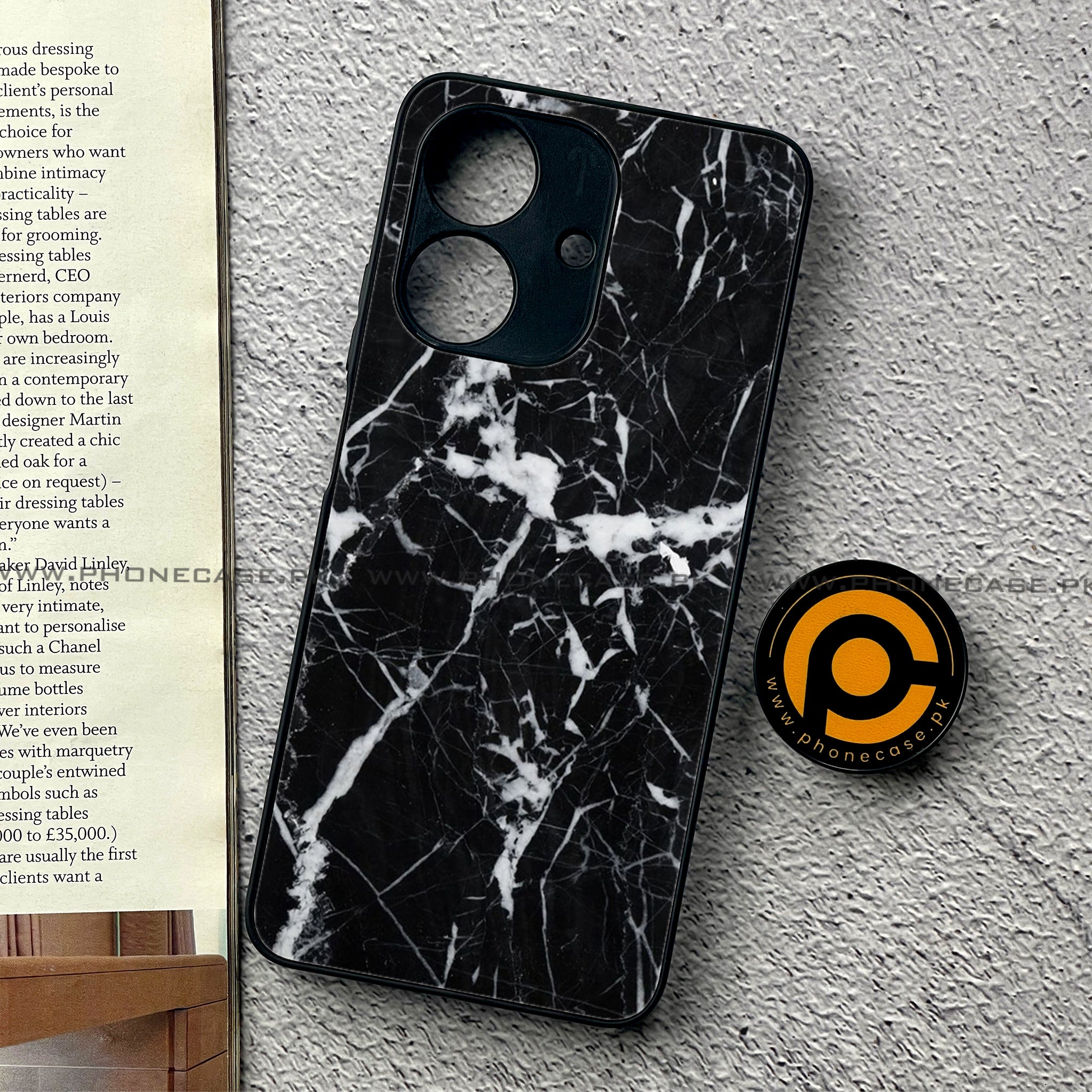 Realme Note 60 - Black Marble Series - Premium Printed Glass soft Bumper shock Proof Case