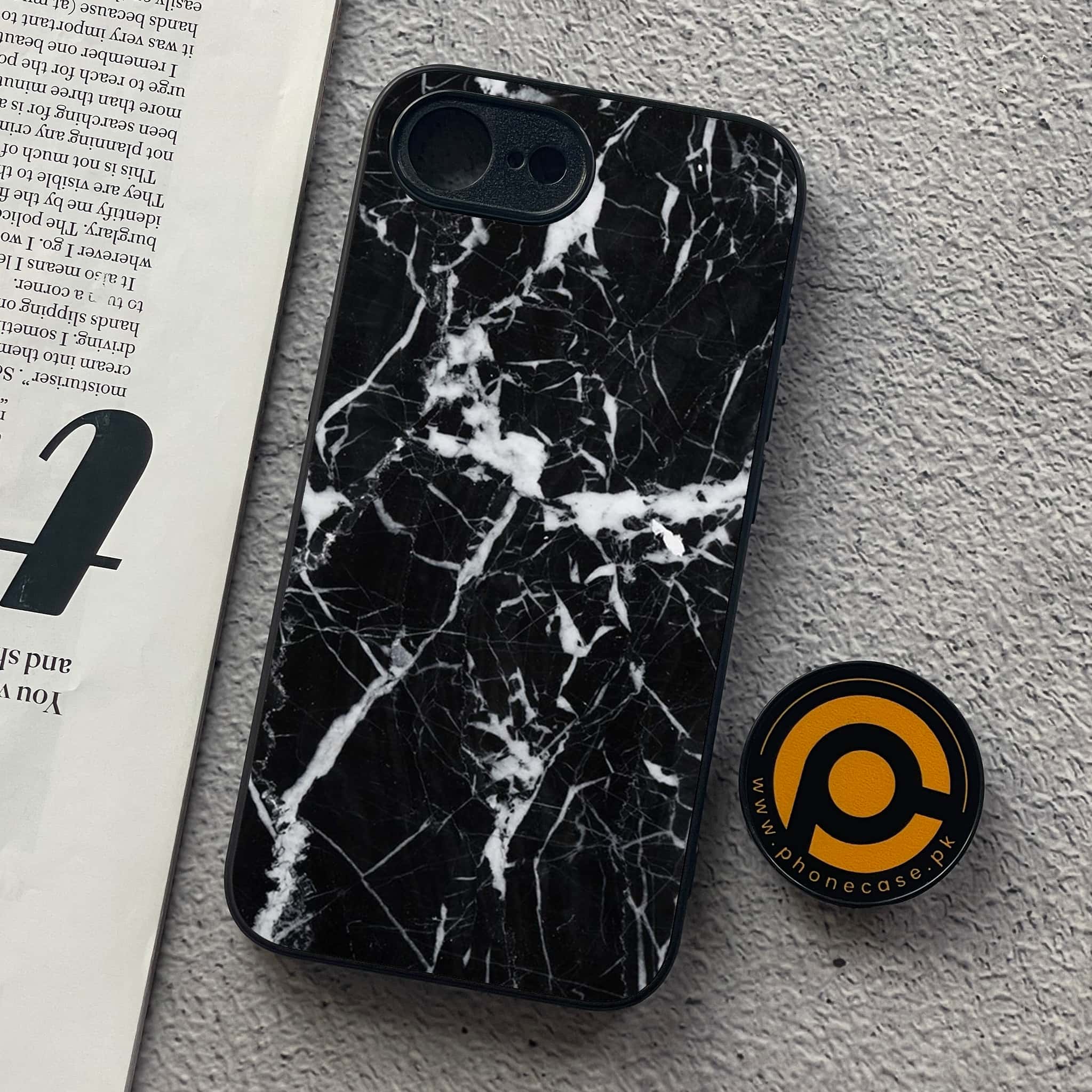 iPhone 16e - Black Marble Series - Premium Metal  Printed soft Bumper shock Proof Case
