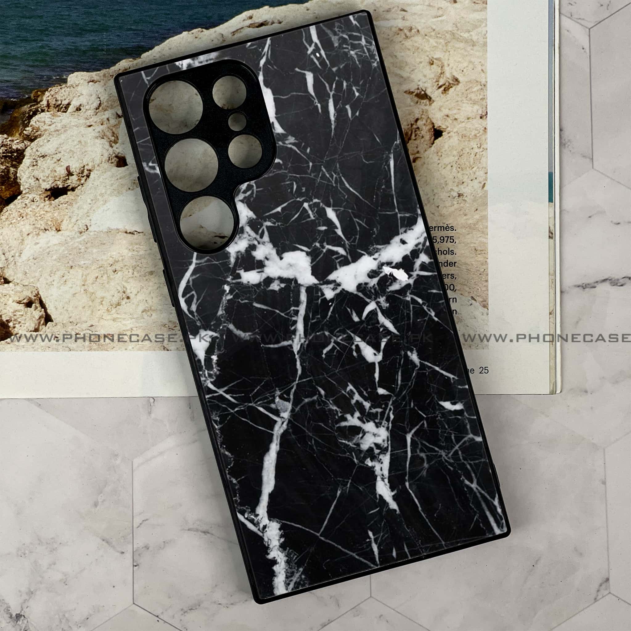 Samsung Galaxy S24 Ultra - Black Marble Series - Premium Printed Glass soft Bumper shock Proof Case