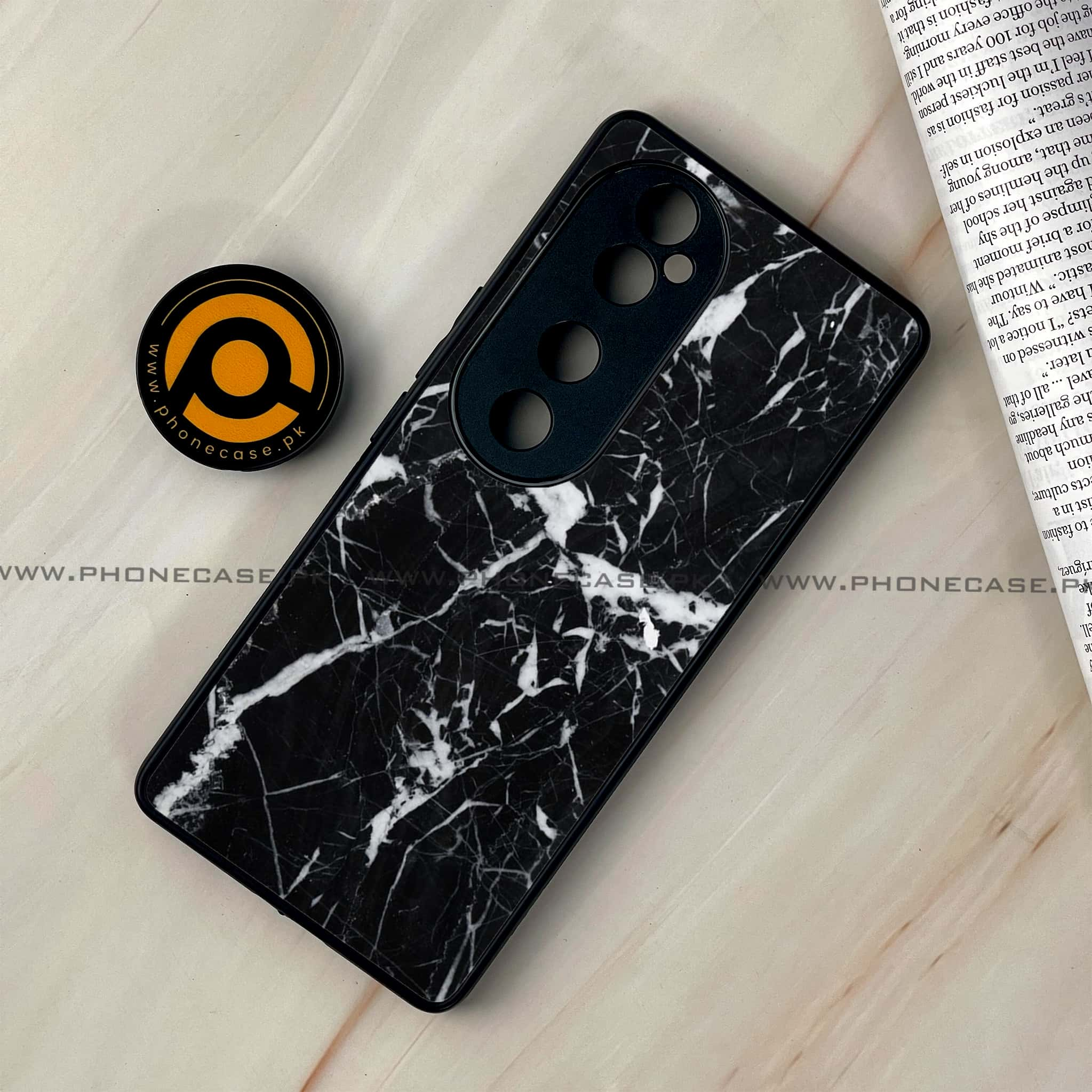 Vivo V40 - Black Marble Series - Premium Printed Glass soft Bumper shock Proof Case