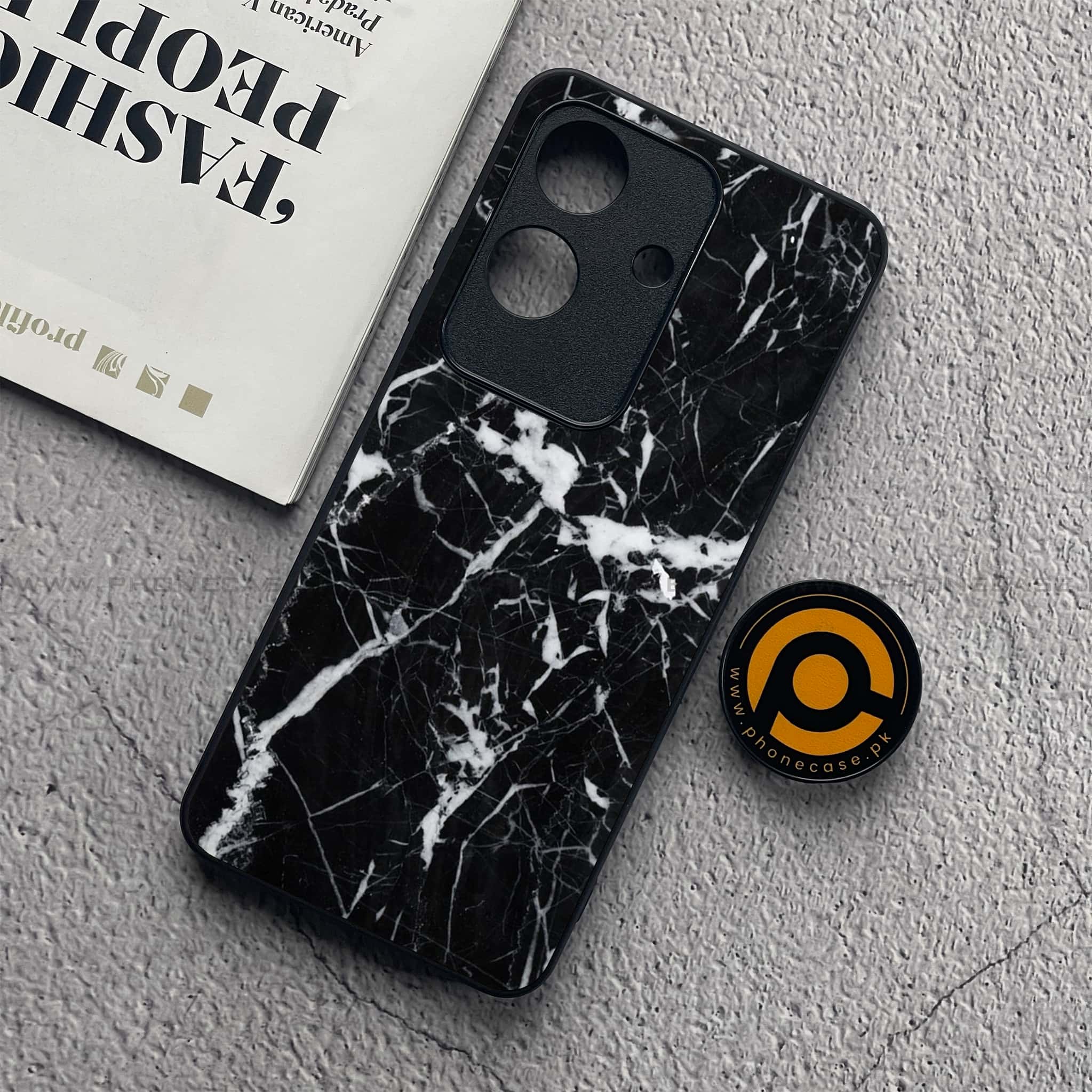 Realme Note 60x - Black Marble Series - Premium Metal  Printed soft Bumper shock Proof Case