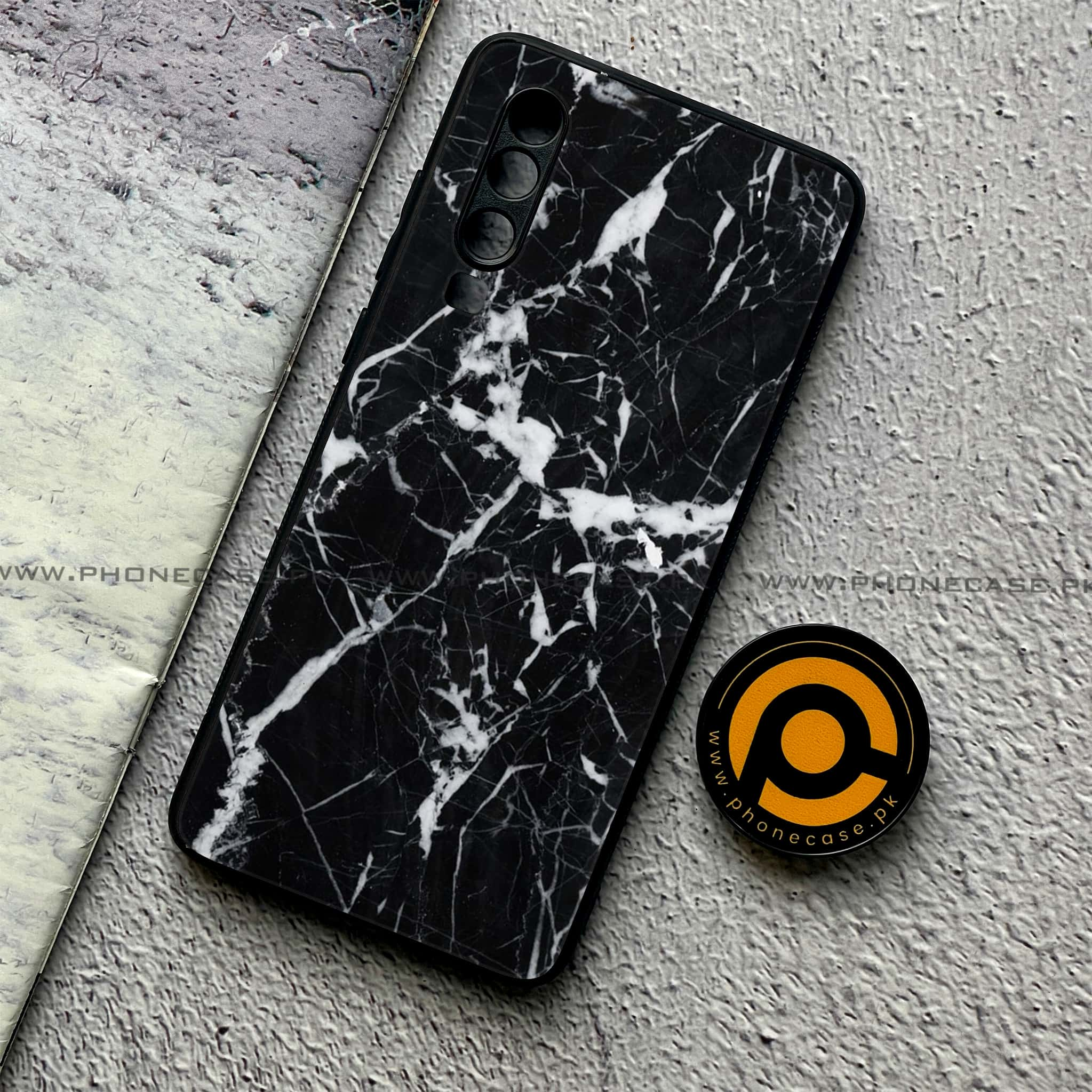 Huawei P30 - Black Marble Series - Premium Printed Glass soft Bumper shock Proof Case