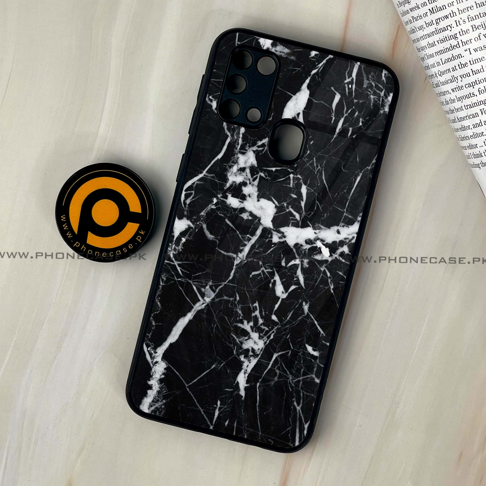 Galaxy M31 - Black Marble Series - Premium Printed Glass soft Bumper shock Proof Case