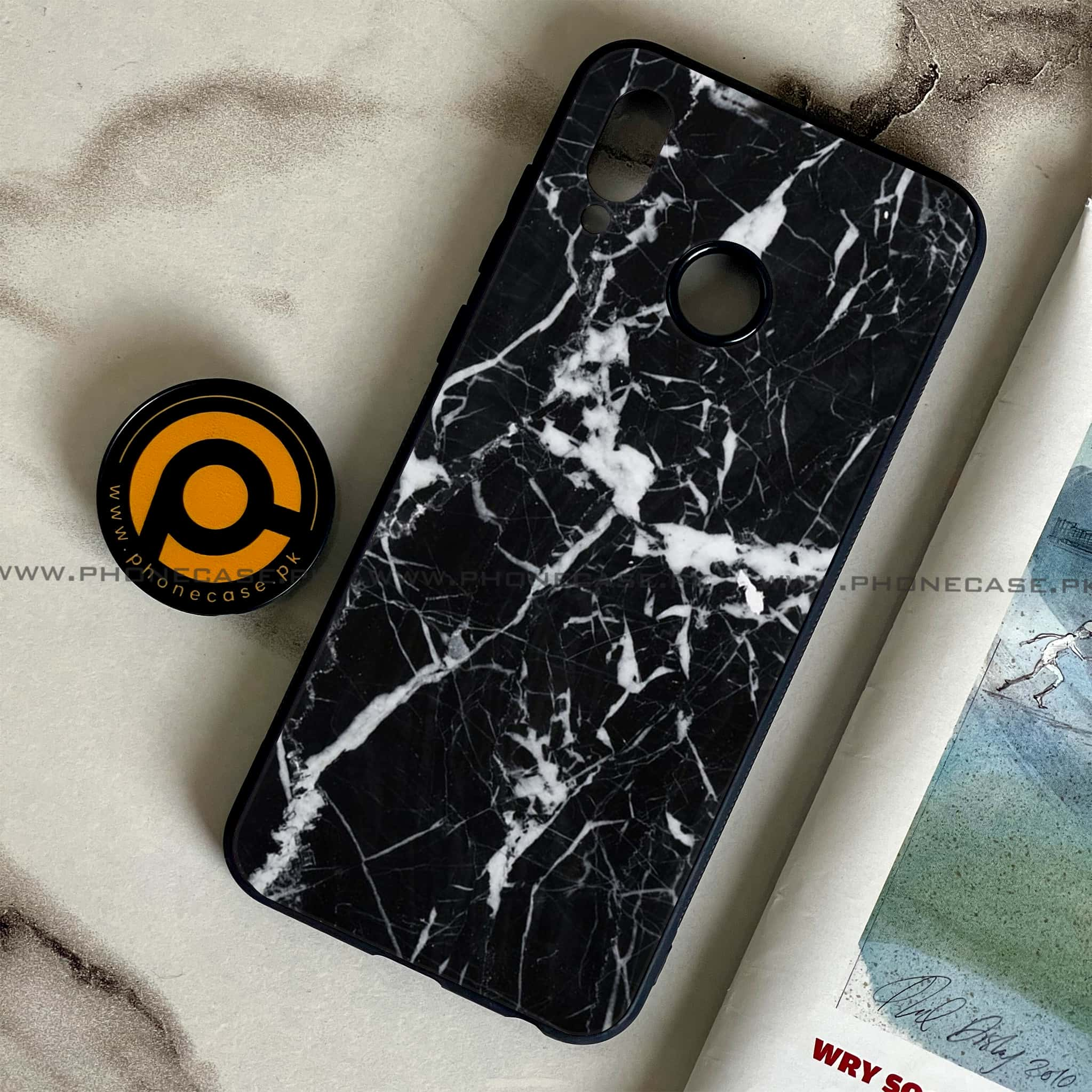 Huawei Honor Play - Black Marble Series - Premium Printed Glass soft Bumper shock Proof Case